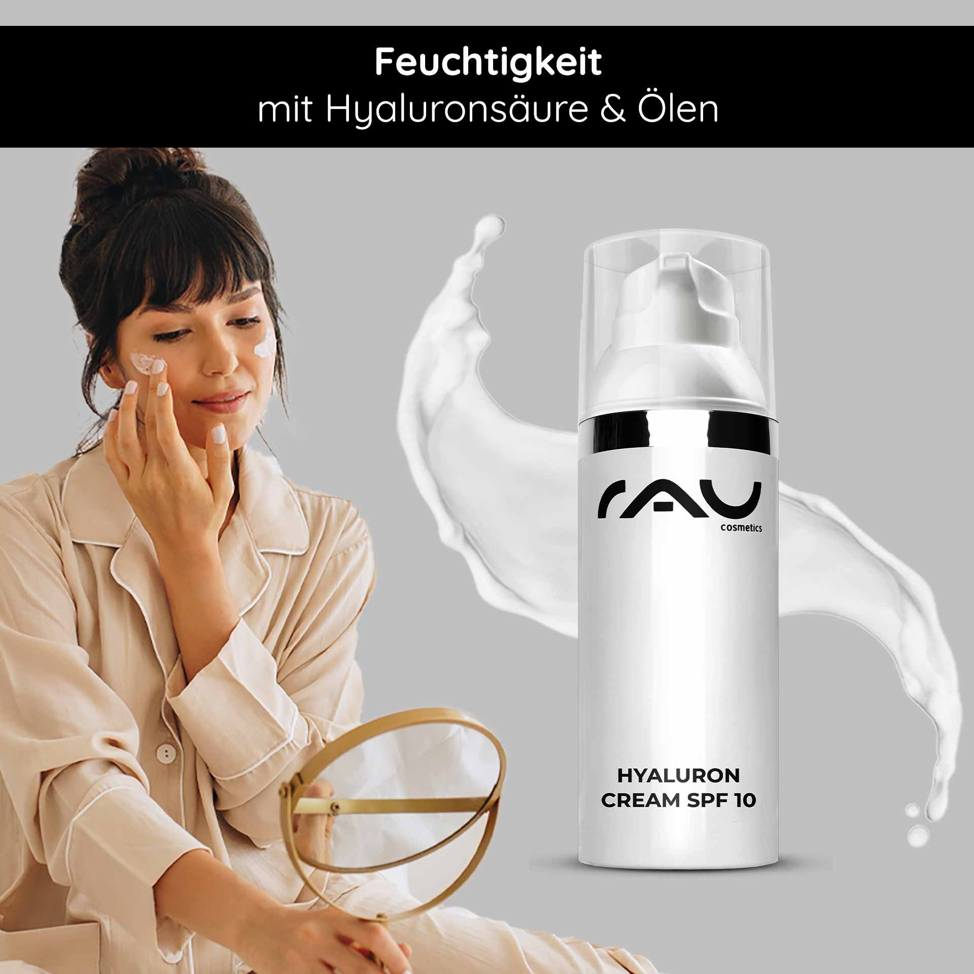 Feuchtigkeitspflege mit Hyaluronsäure: Nahaufnahme einer Frau, die die RAU Cosmetics Gesichtscreme für ein hydratisiertes Hautbild verwendet.
