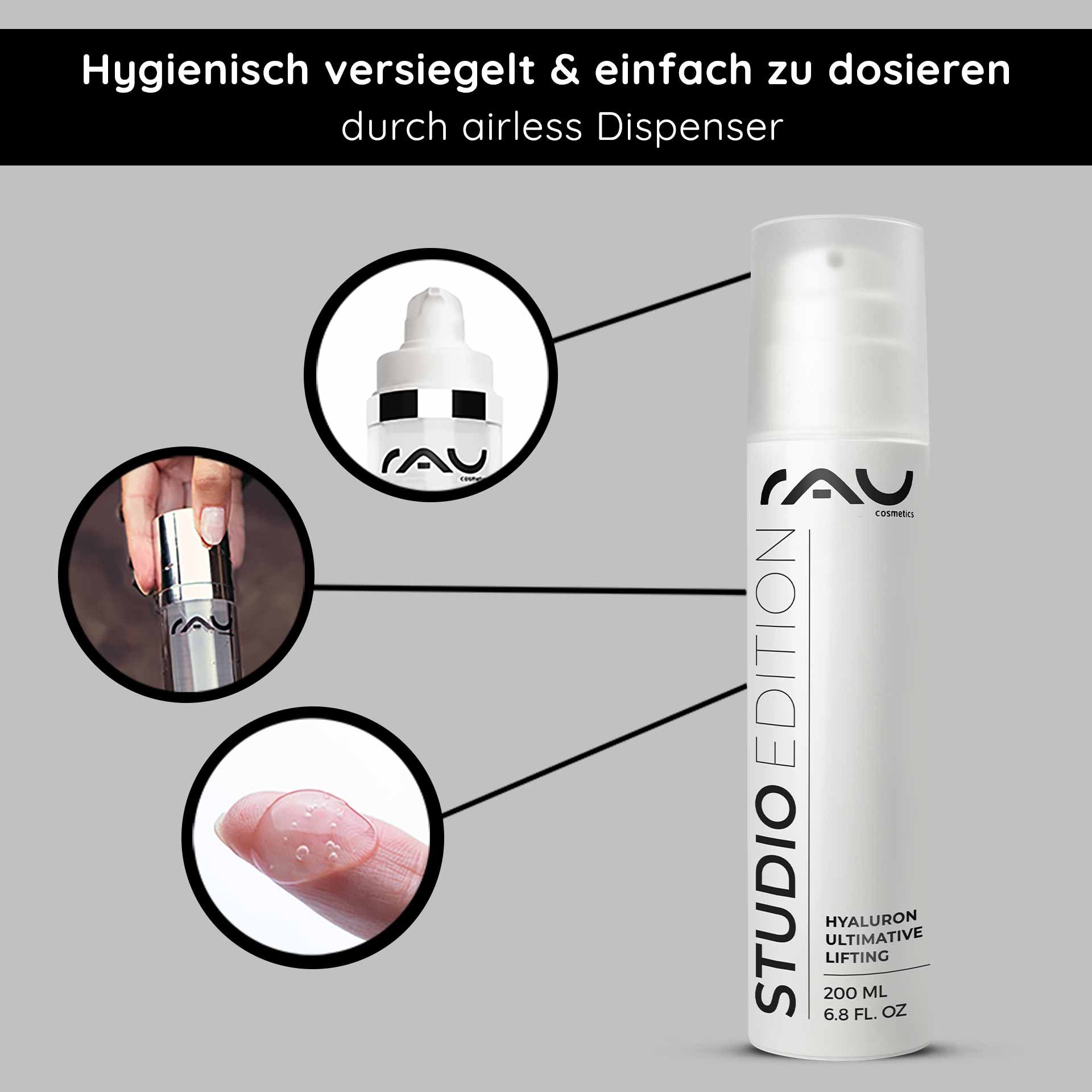 RAU Cosmetics Hyaluron Ultimate Lifting Gel in an airless dispenser with hygienic packaging, application with the fingertip, and product details highlighting anti-aging benefits.