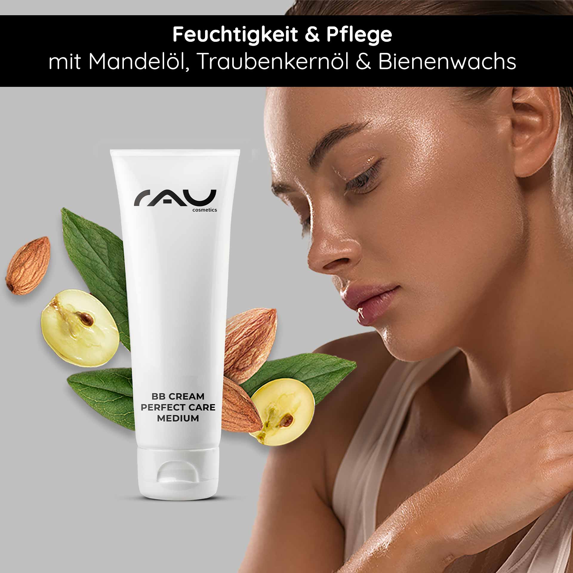BB Cream Perfect Care Medium 75 ml SPF 12 Make-up & Pflege RAU Cosmetics BB Cream Perfect Care Mittlere Tube mit Mandeln und Blättern, mit besonderer Betonung der feuchtigkeitsspendenden und hautpflegenden Wirkung.
