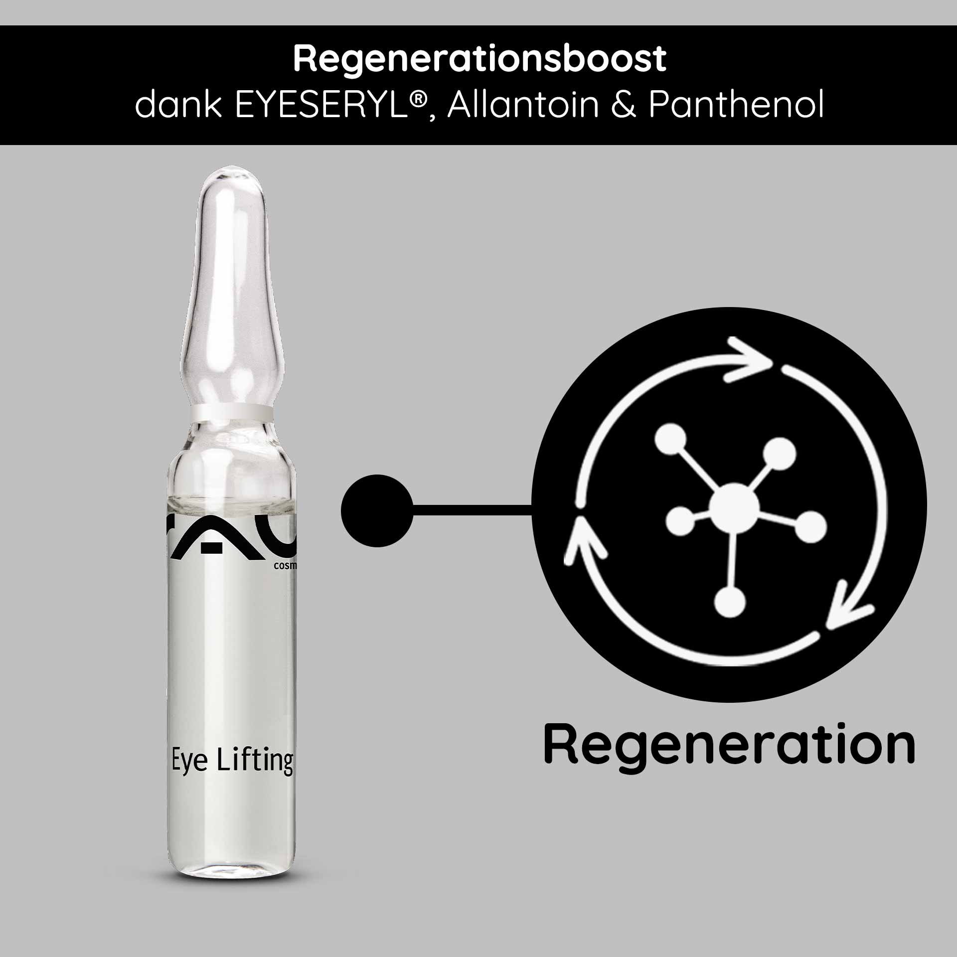 Eye Lifting Ampullen 10x2 ml mit Eyeseryl & Panthenol Eye Lifting Ampulle von RAU Cosmetics mit sichtbarem Branding, das die regenerierende Wirkung von EYESERYL®, Allantoin und Panthenol vor grauem Hintergrund hervorhebt.