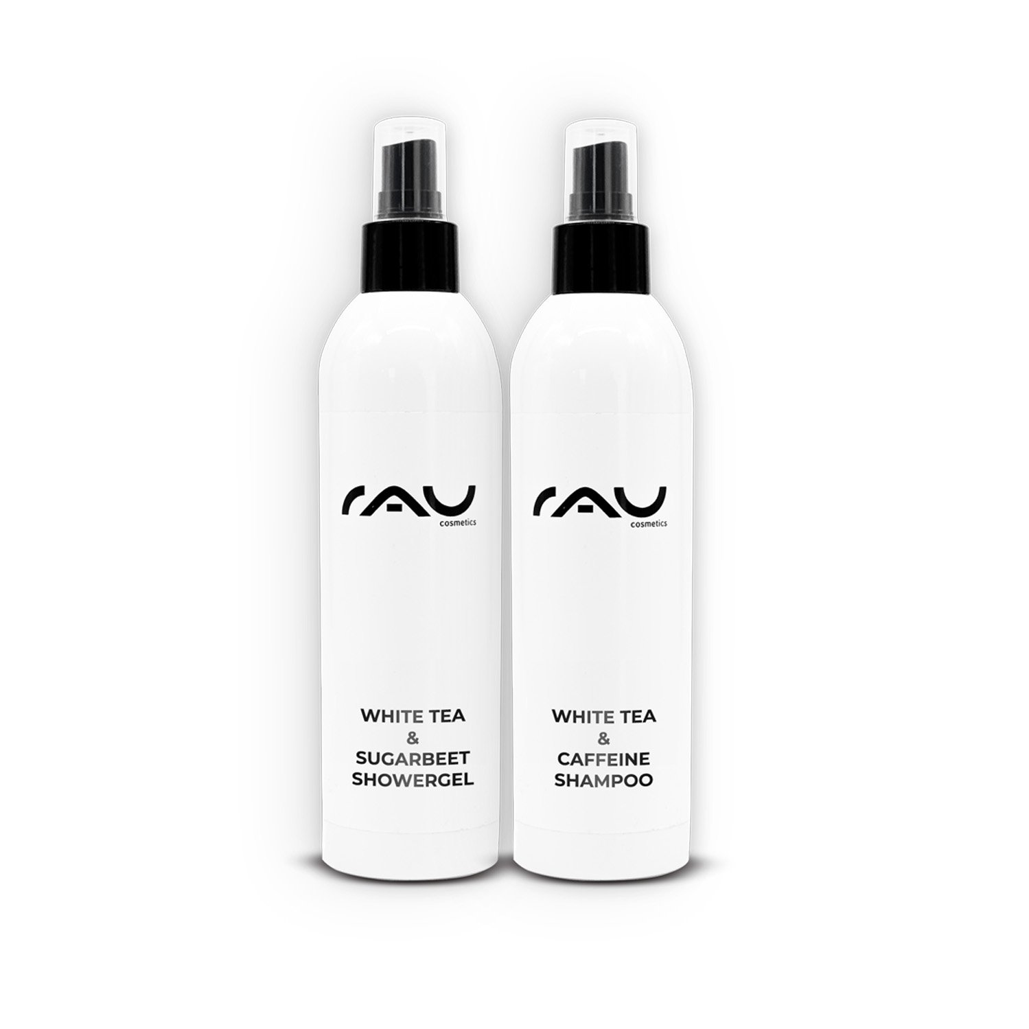 White Tea & Sugar Beet Showergel et White Tea & Caffeine Shampoo de RAU Cosmetics assurent un nettoyage doux et un soin revitalisant de la peau et des cheveux.