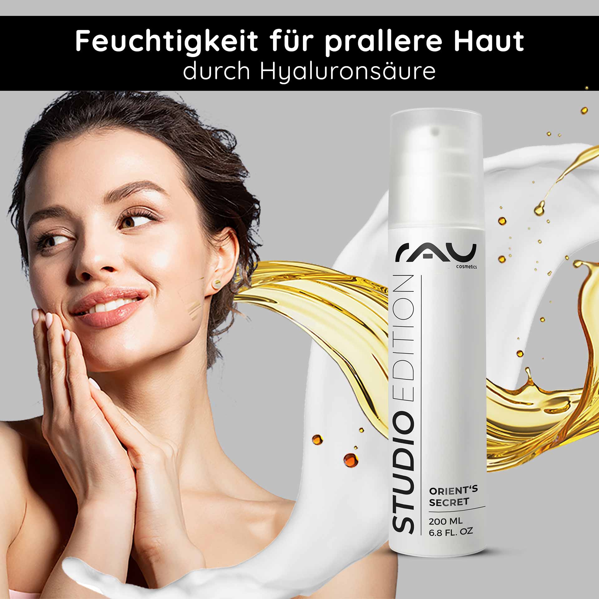 Orient's Secret 200 ml mit Amnethyst-Pulver RAU Cosmetics Orient's Secret Gesichtscreme mit Hyaluronsäure, Modelliercreme zum Auftragen, mit goldenem Liquid Splash, 200 ml Verpackung.