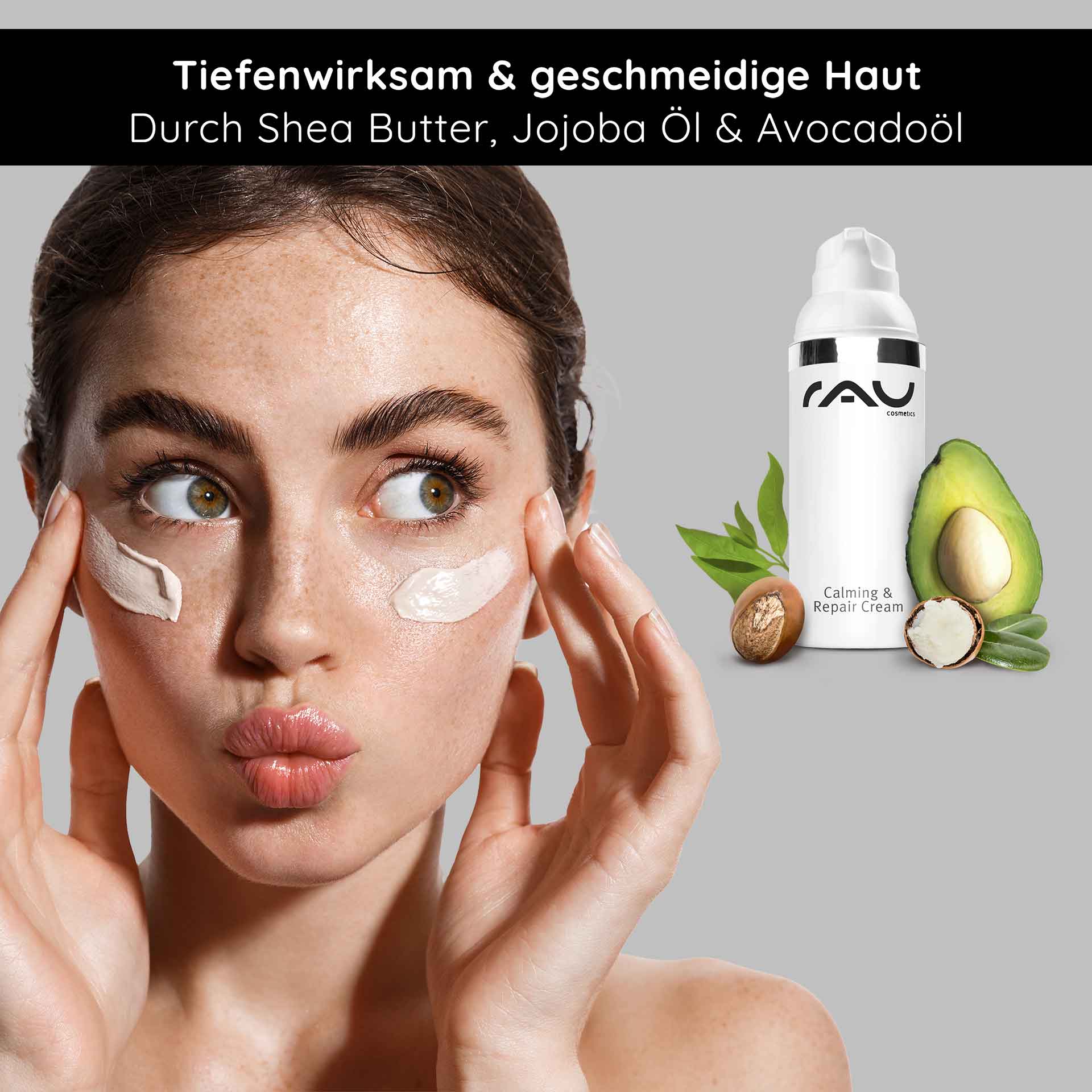 Calming & Repair Cream 50 ml Calming for the skin Frau mit beruhigender Gesichtscreme auf der Haut, RAU Cosmetics Calming & Repair Cream, kombiniert mit Avocado, Jojobaöl und Shea Butter für geschmeidige Haut.