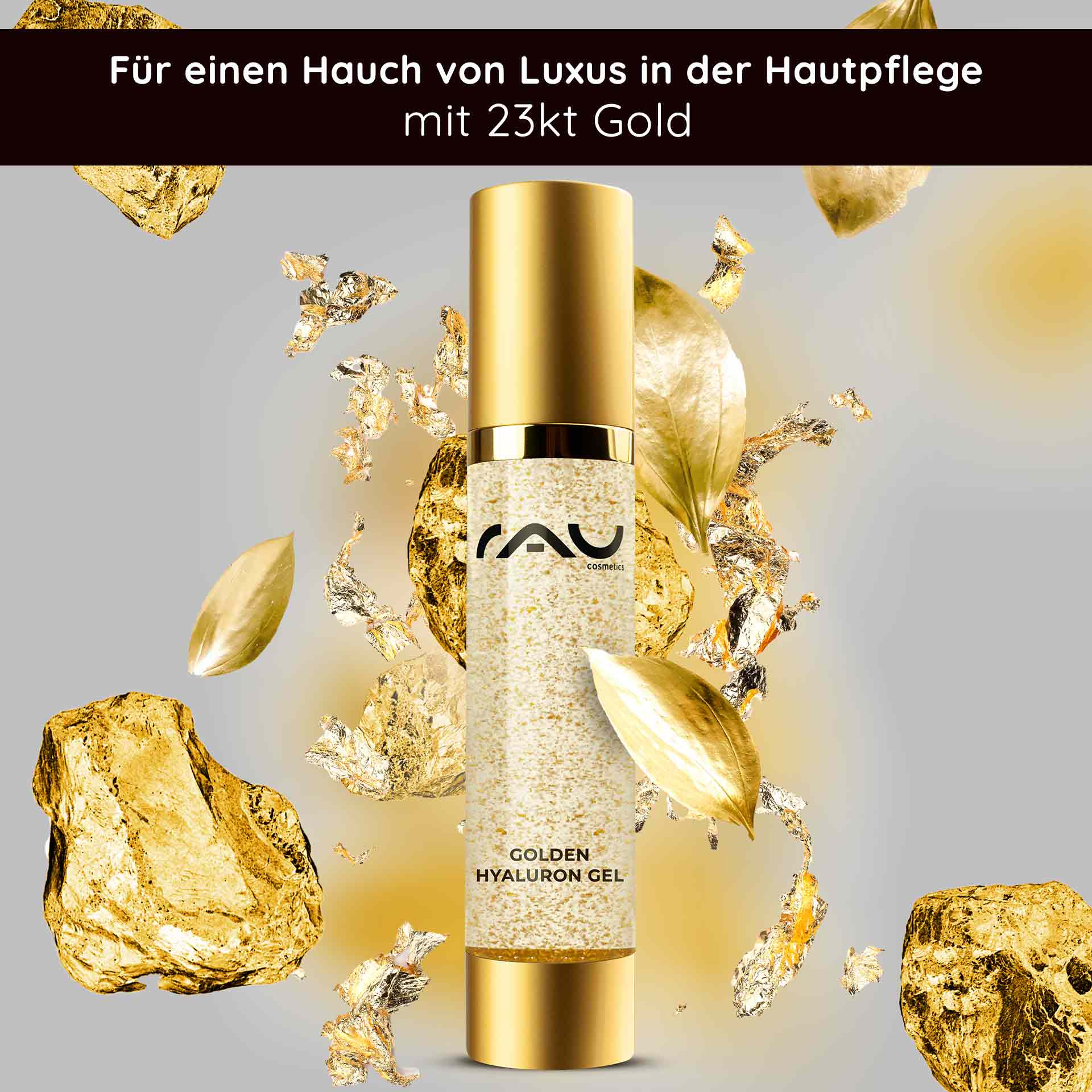 Golden Hyaluron Gel 50 ml Anti-Aging Gel with 23kt Gold RAU Cosmetics Golden Hyaluron Gel mit 23 Karat Gold in luxuriรถser Verpackung, umgeben von Goldflocken, die die Anti-Aging-Vorteile der Hautpflege hervorheben.