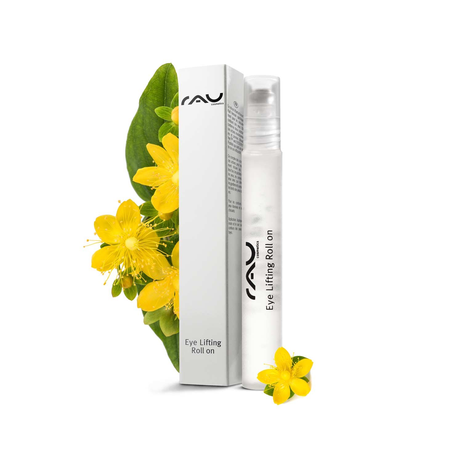 RAU Eye Lifting Roll-On mit gelben Blüten und Verpackung, entwickelt für Anti-Aging und zur Reduzierung von Augenringen und Schwellungen um die Augen.