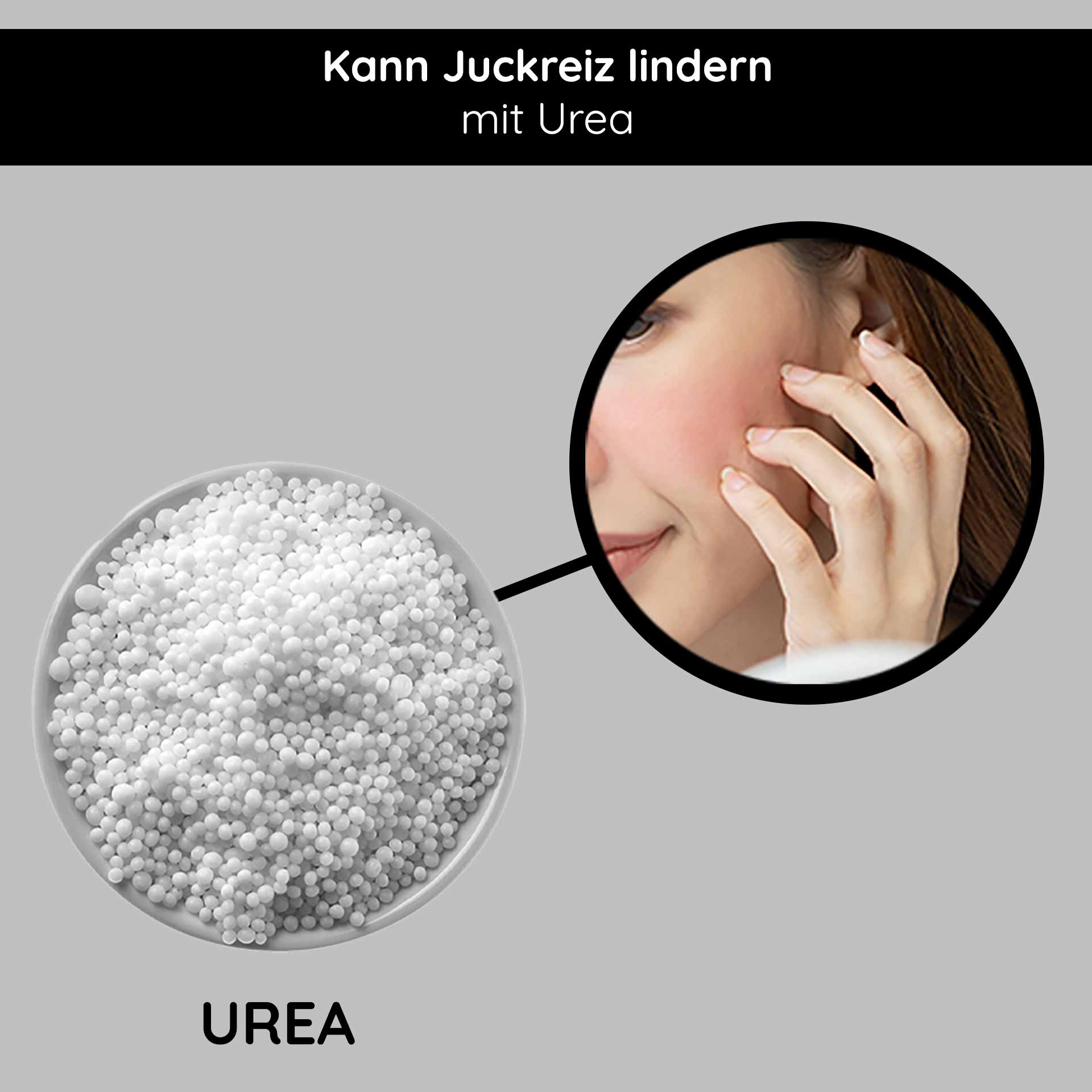 Calming & Repair Mask 200 ml Beruhigende Maske Harnstoff in einer Schüssel mit einer Nahaufnahme einer Frau, die ihn auf ihre Wange aufträgt und seine Vorteile bei der Linderung von Juckreiz und der Verbesserung der Hautfeuchtigkeit hervorhebt.