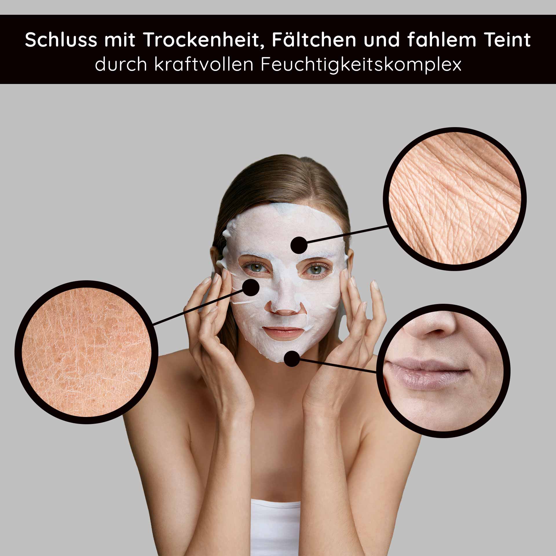 Collagen & Hyaluronic Acid Mask Vliesmaske - 10er Pack Frau mit Gesichtsmaske, die Trockenheit, Fältchen und fahlem Teint bekämpft, umgeben von Hauttexturen zur Veranschaulichung der Wirkung des Feuchtigkeitskomplexes.
