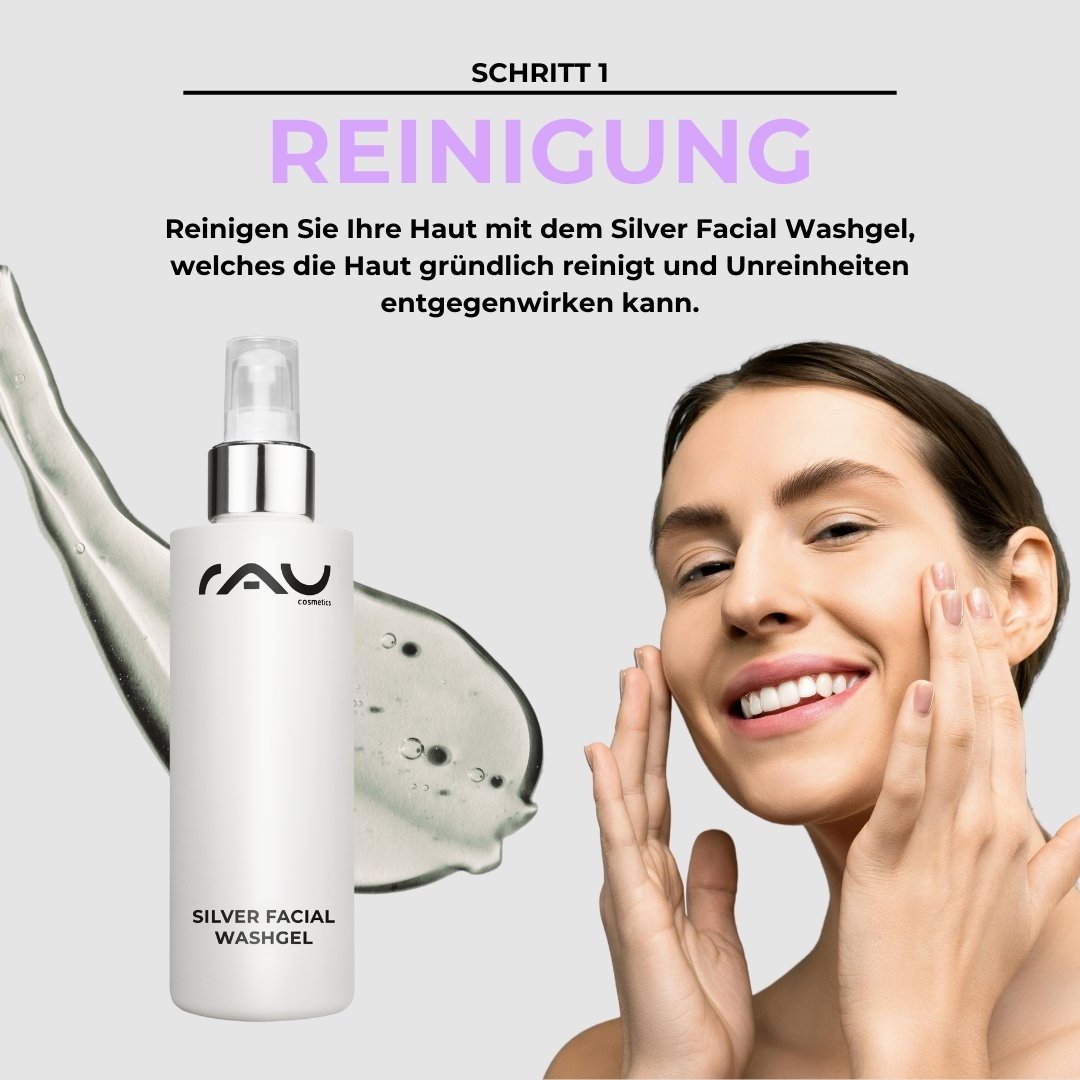 Frau mit fröhlichem Gesicht reinigt ihre Haut mit RAU Cosmetics Silver Facial Washgel, um trockene und unreine Haut zu behandeln.