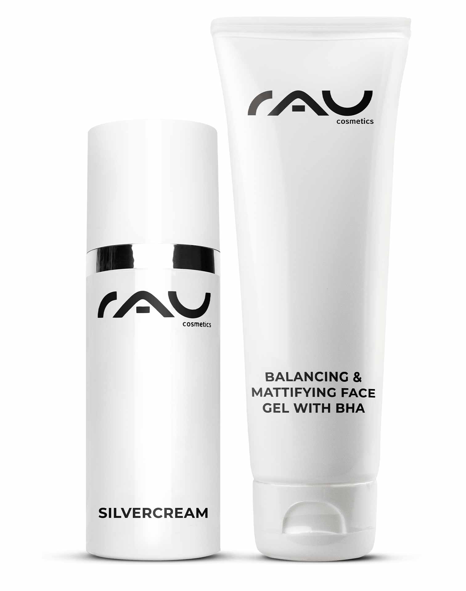 Powerset für unreine Haut, fettige Haut, Entzündungen, Pickel, Juckreiz Powerset für unreine und fettige Haut von RAU Cosmetics, bestehend aus Silvercream und Balancing & Mattifying Face Gel mit BHA.