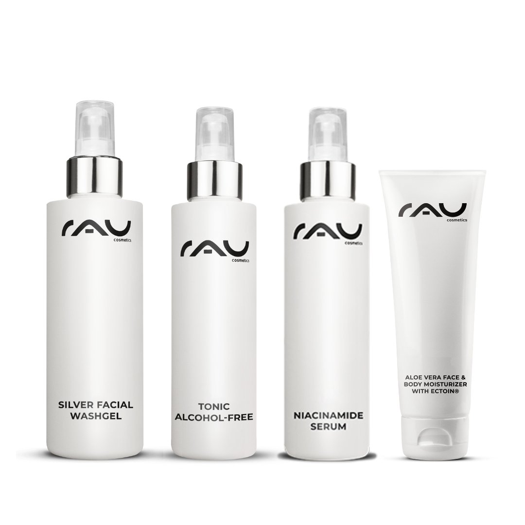 RAU Cosmetics Advanced Pflegeroutine für Mischhaut mit Silver Facial Washgel, alkoholfreiem Tonic, Niacinamid-Serum und Aloe Vera-Feuchtigkeitscreme, entwickelt für die Pflege von Mischhaut.