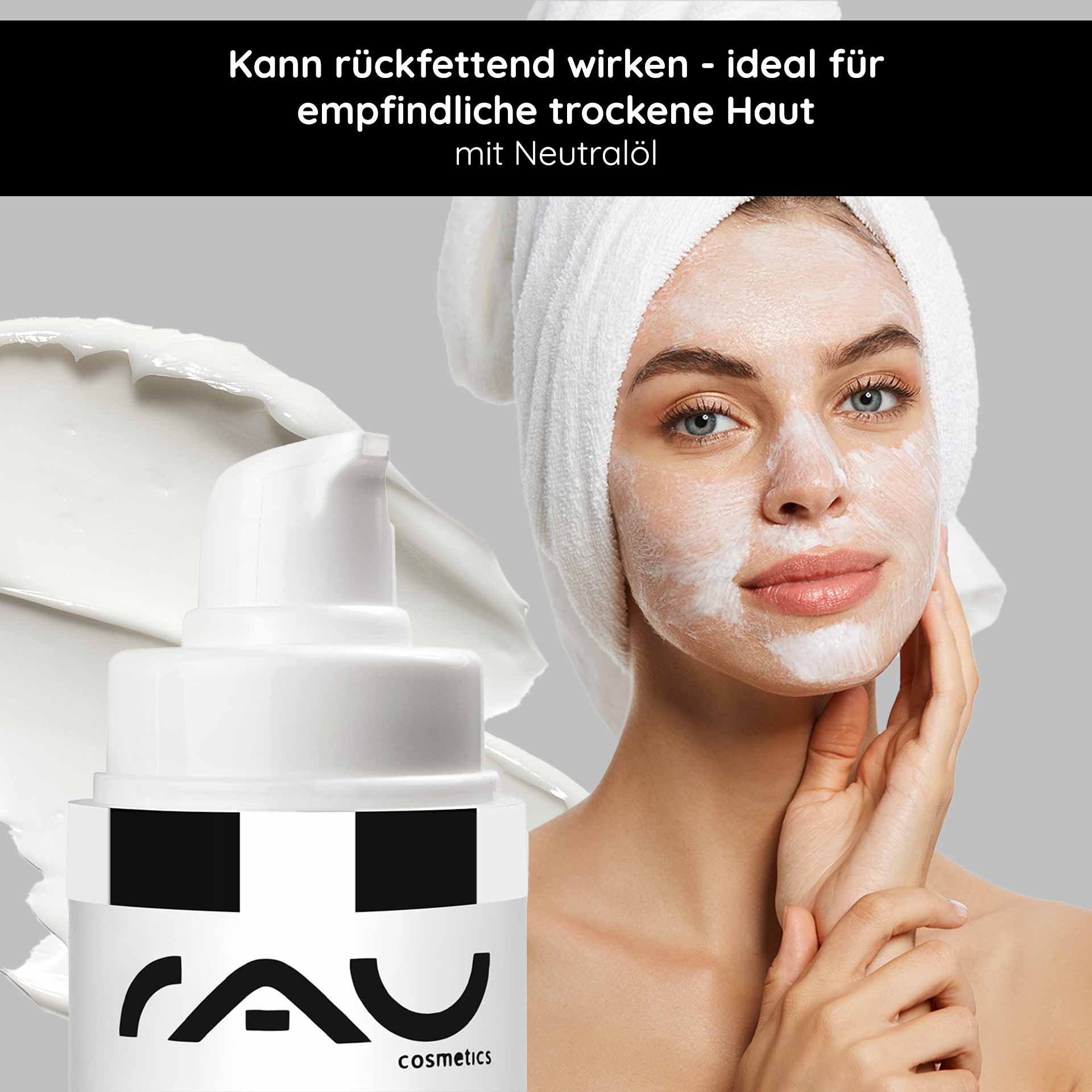 Beta Glucan Recovery Mask 50 ml Beta Glucan & Panthenol Gesicht einer Frau mit Gesichtsmaske, RAU Cosmetics Beta Glucan Recovery Mask, ideal für empfindliche, trockene Haut, Pflegeprodukt mit Neutralöl.