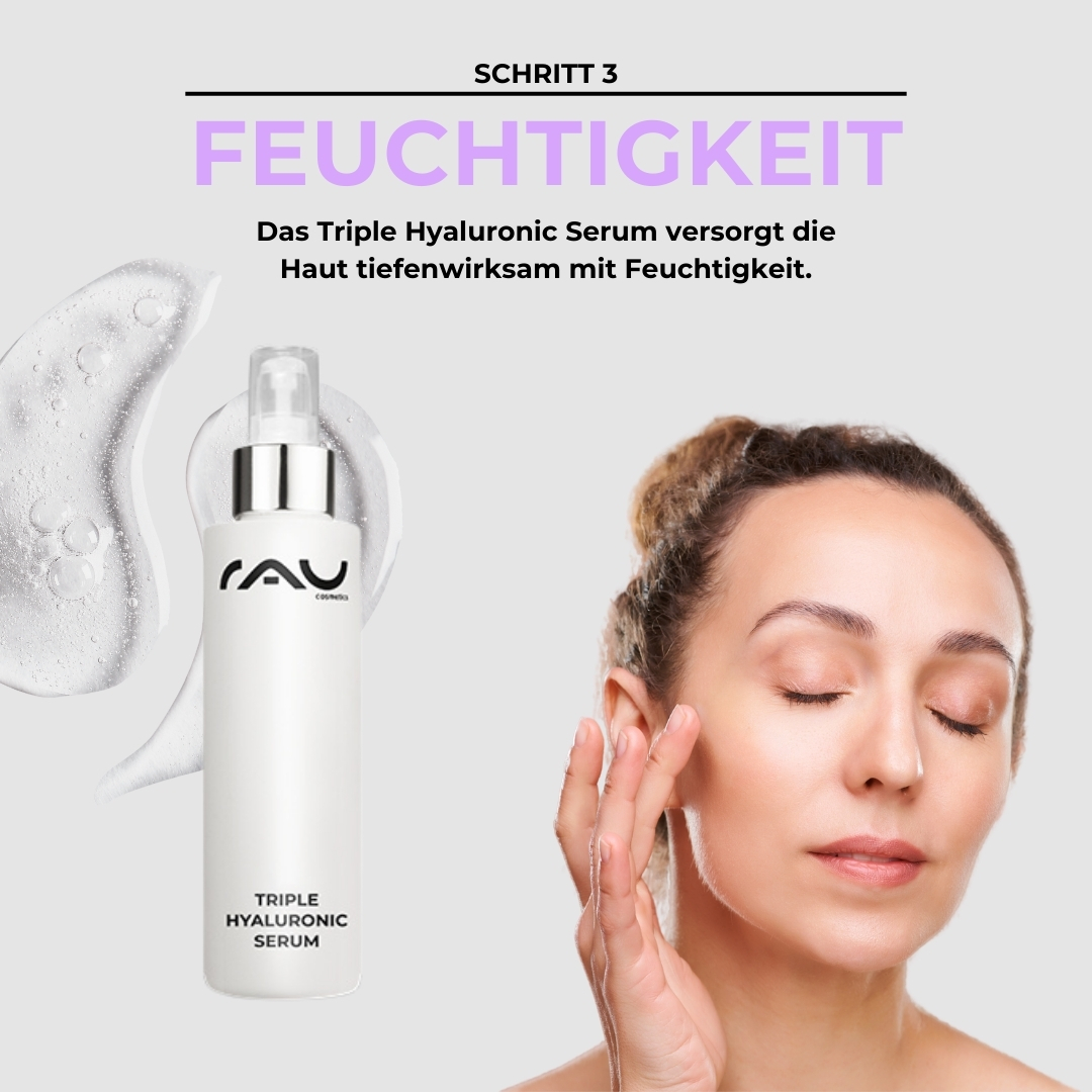 Advanced Pflegeroutine für trockene Haut RAU Cosmetics Advanced Pflegeroutine für trockene Haut – Schritt 3: Feuchtigkeits-Booster. Abbildung eines Produkts aus der Pflegeserie auf einem Holztisch, umgeben von natürlichen Materialien.