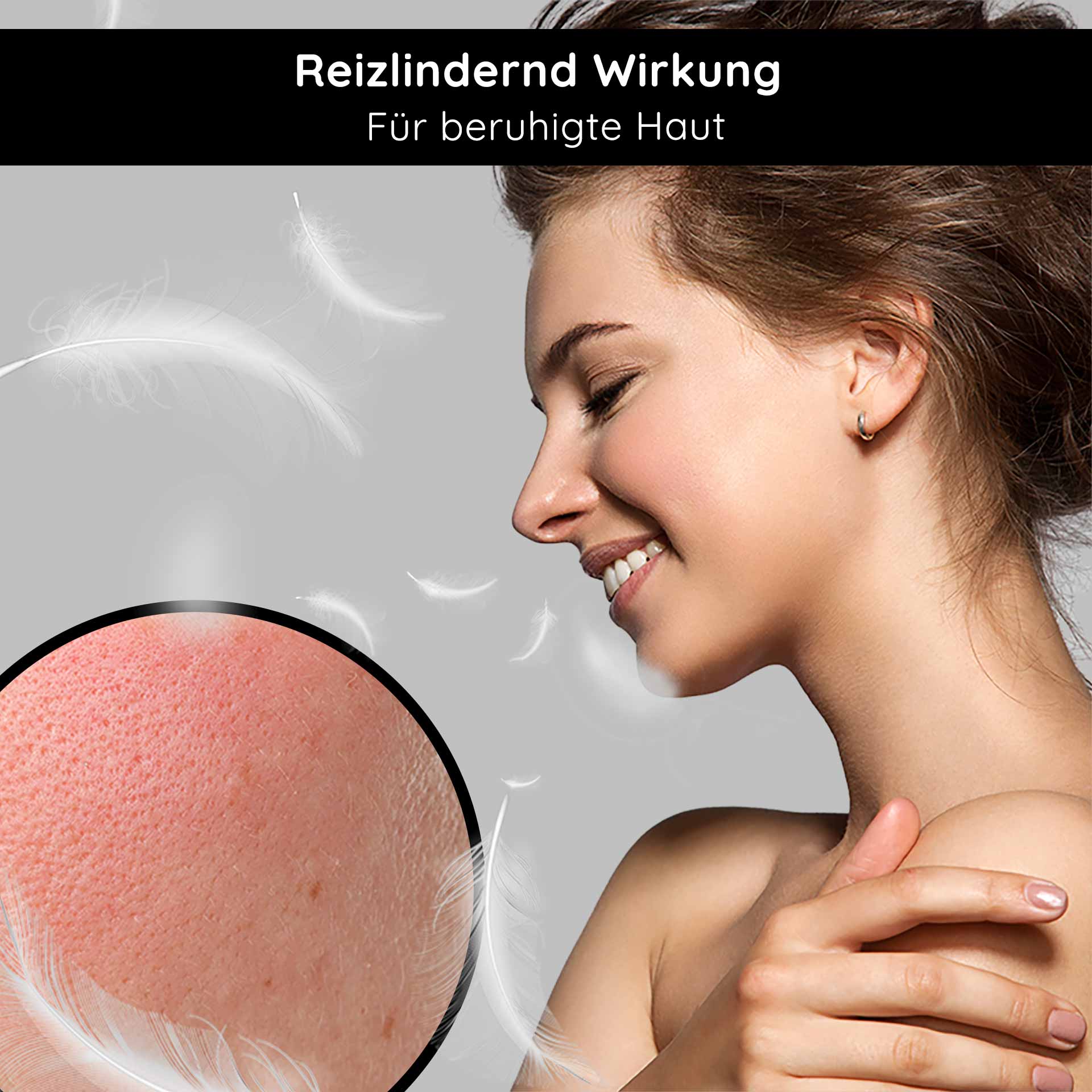 Powerset für unreine Haut, fettige Haut, Entzündungen, Pickel, Juckreiz Reizlindernd wirkende Frau mit beruhigter Haut und Hautnahaufnahme zur Verfeinerung der Poren, passend zur RAU Cosmetics Gesichtscreme für unreine und fettige Haut.