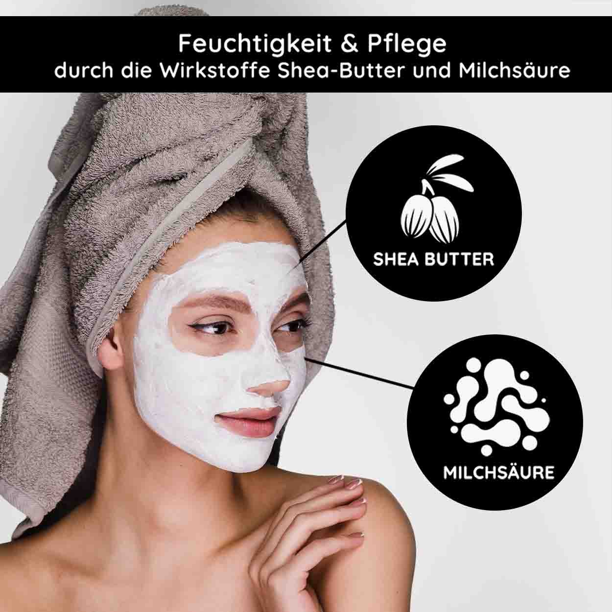 Frau mit Gesichtsmaske aus Heilerde, umgeben von Texten über die pflegenden Inhaltsstoffe Shea-Butter und Milchsäure, betont Hautpflege und Feuchtigkeit.