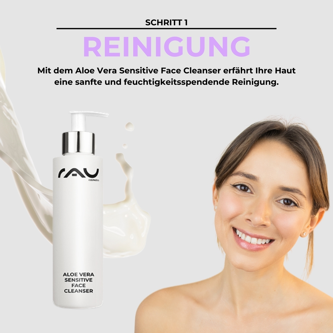 Profi Pflegeroutine für sensible Haut Aloe Vera Sensitive Face Cleanser von RAU Cosmetics mit einer lächelnden Frau, die die sanfte und feuchtigkeitsspendende Reinigung empfindlicher Haut betont, den ersten Schritt in der professionellen Hautpflegeroutine.