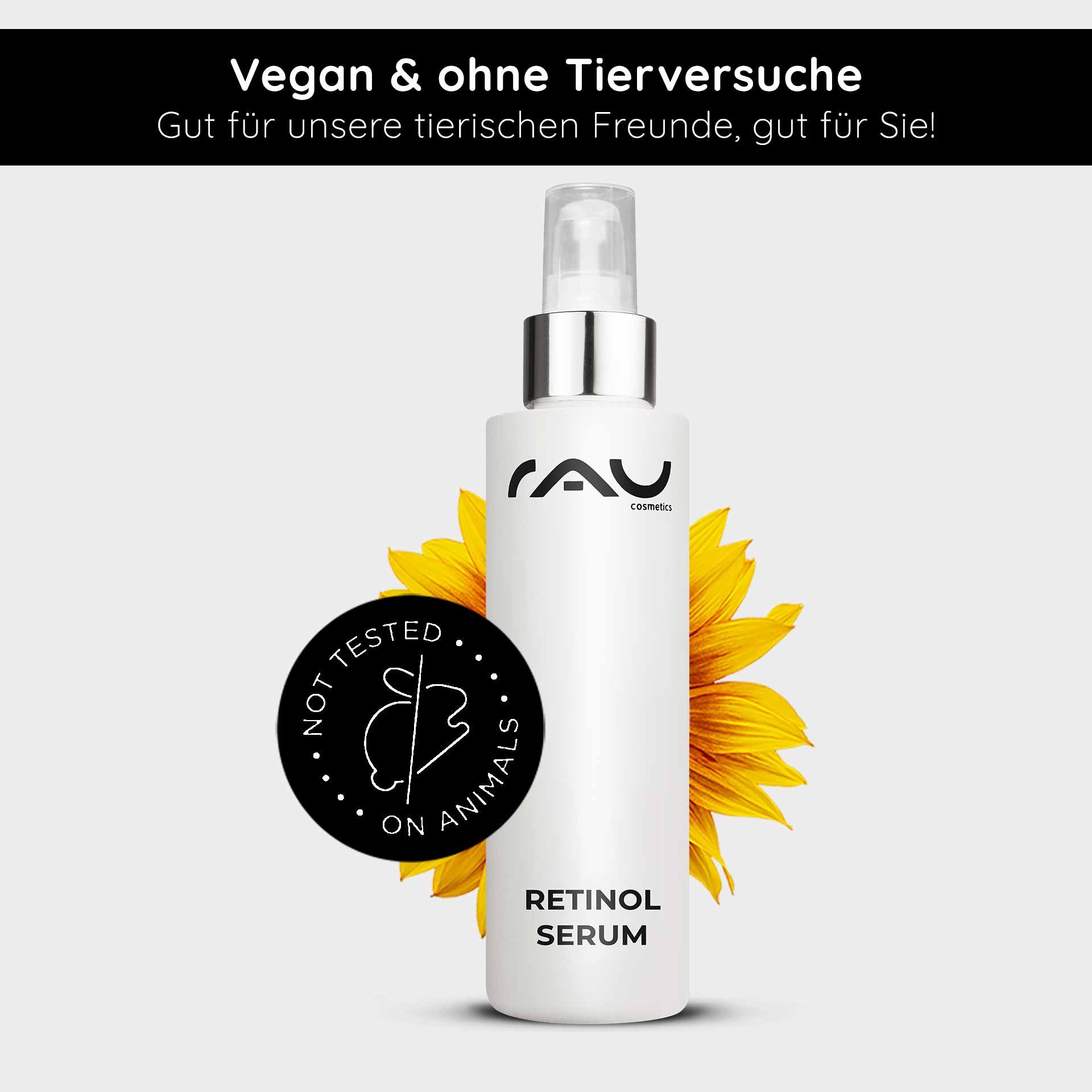 Vegan & Tierversuchsfrei: Die weiße Flasche des Retinol Serums trägt stolz die Siegel für nachhaltige Kosmetik.