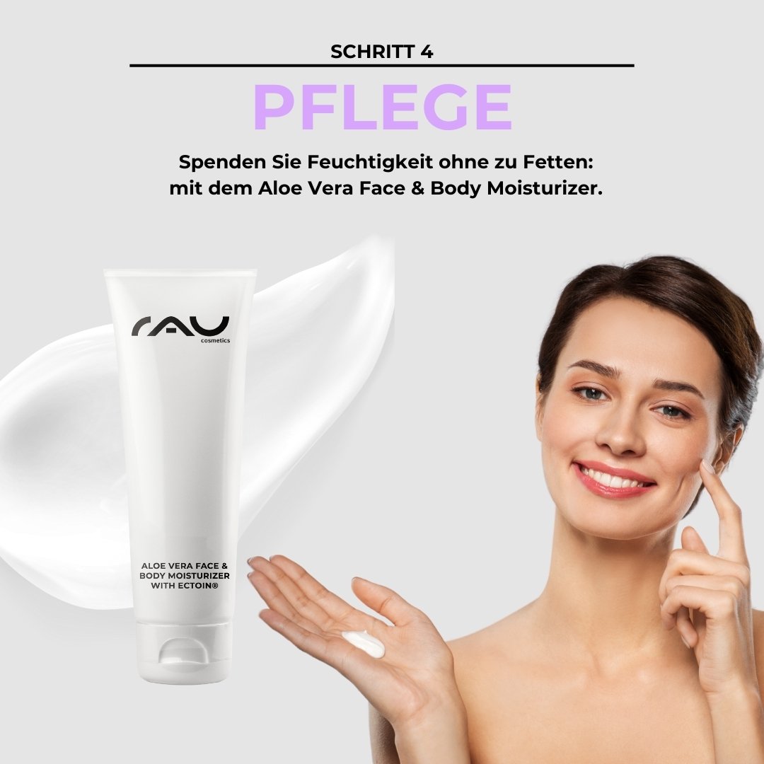 Aloe Vera Face & Body Moisturizer von RAU Cosmetics in einer Tube, Frau trägt Feuchtigkeitscreme auf ihr Gesicht auf, Schritt 4 der professionellen Hautpflegeroutine für Mischhaut.