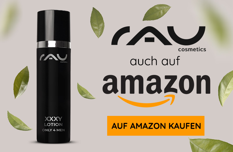 Schwarze RAU XXXY Lotion Flasche für Männer mit Amazon-Logo und Blättermotiven, 50 ml Anti-Aging Gesichtscreme.