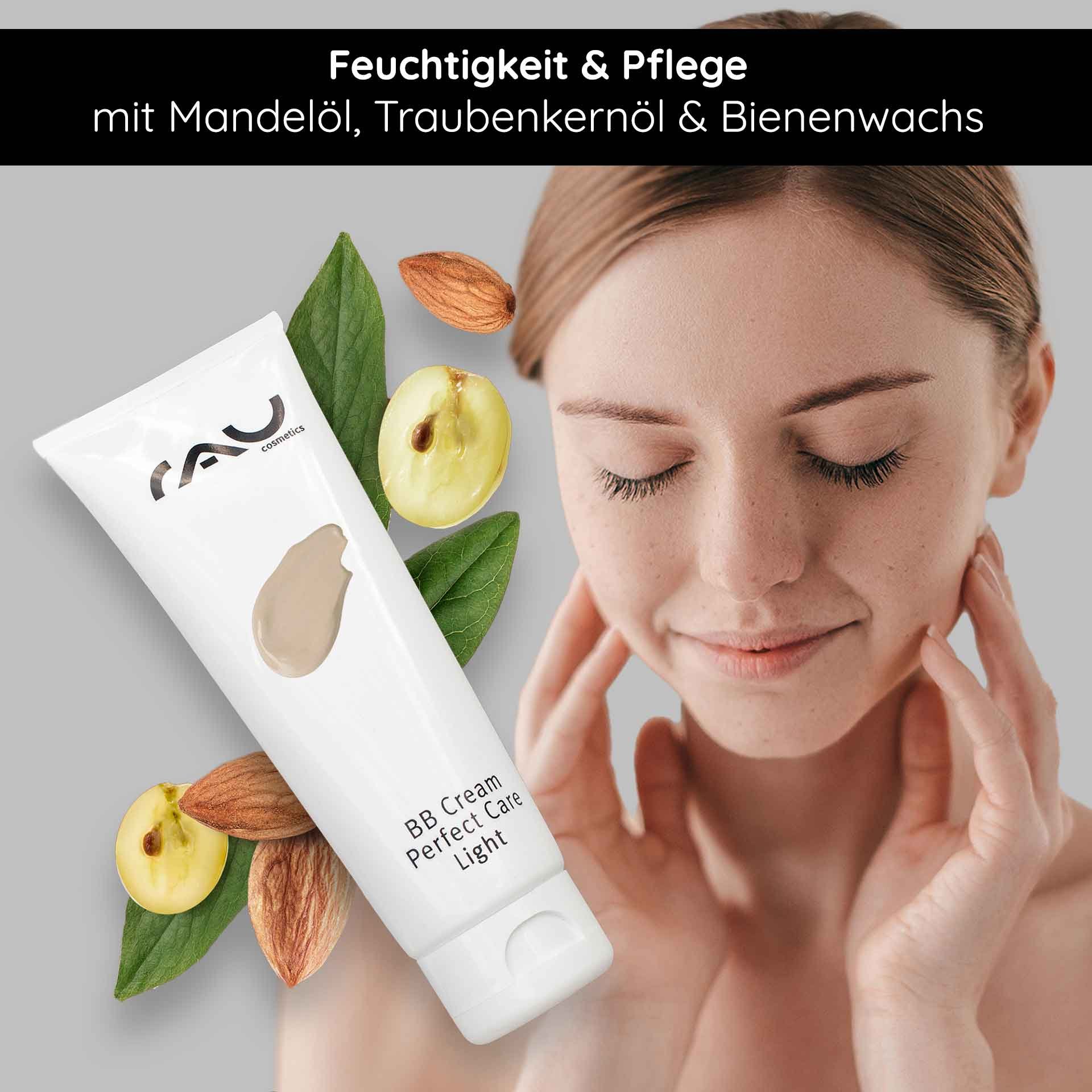 BB Cream Perfect Care Light Tube von RAU Cosmetics mit Mandelöl, Traubenkernöl und Bienenwachs, neben einer Frau bei der Hautpflege, die die feuchtigkeitsspendende und pflegende Wirkung für einen strahlenden Teint demonstriert.