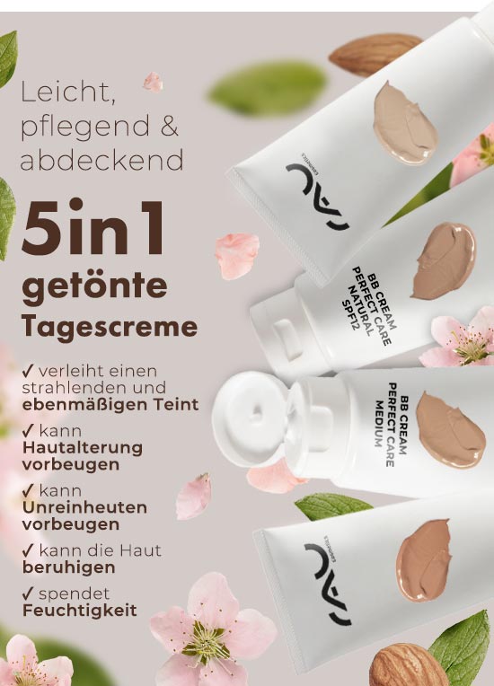 rau-cosmetics-bb-cream-getoente-tagescreme-gesichtspflege-hautpflege-foundation-makeup-pflegend-neu 5-in-1 getönte Tagescreme von RAU Cosmetics, leichte und pflegende BB Creams in verschiedenen Nuancen, blühende Dekoration und pflanzliche Elemente, betont strahlenden Teint und Hautpflegevorteile.