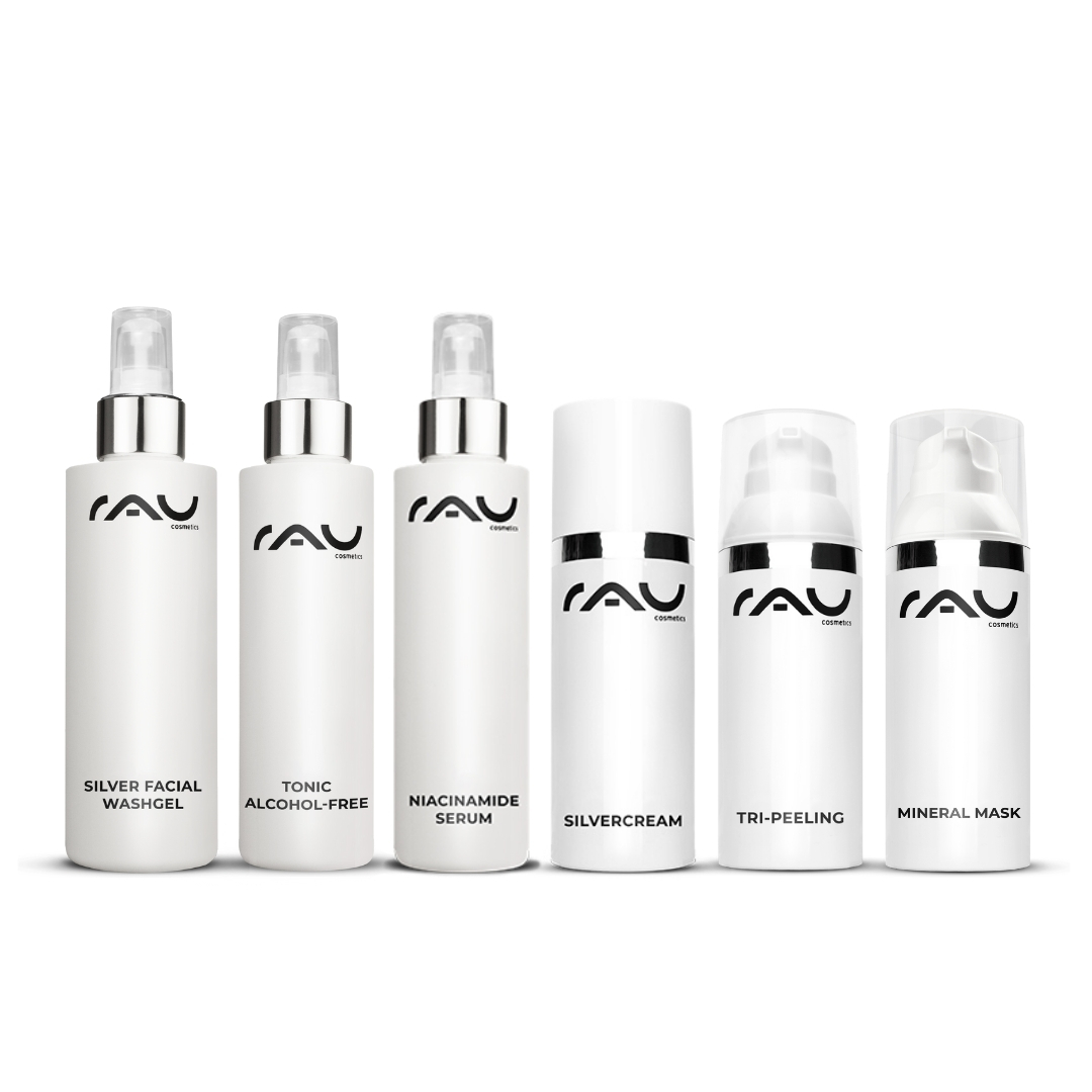 Profi Pflegeroutine für unreine trockene Haut Profi Pflegeroutine für unreine trockene Haut mit RAU Cosmetics Produkten: Silber Waschgel, alkoholfreies Tonic, Niacinamid Serum, Silbercreme, Tri-Peeling und Mineralmaske.