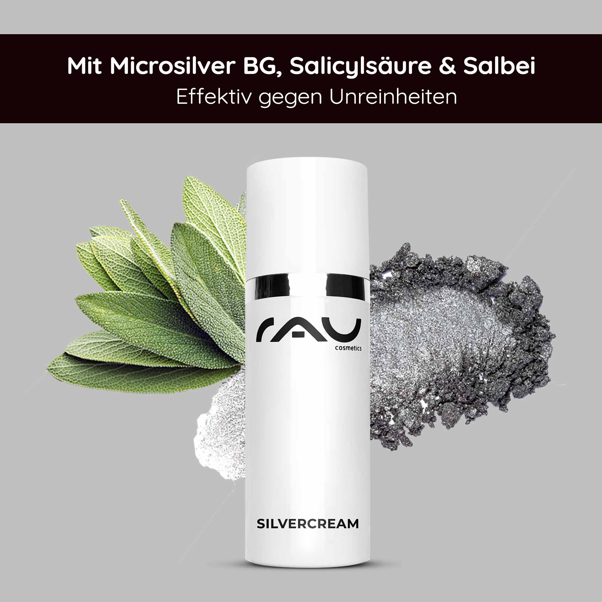 Powerset für unreine Haut, fettige Haut, Entzündungen, Pickel, Juckreiz Verpackung der RAU Silvercream mit Mikrosilber, Salicylsäure und Salbei zur Behandlung von Hautunreinheiten auf grauem Hintergrund.