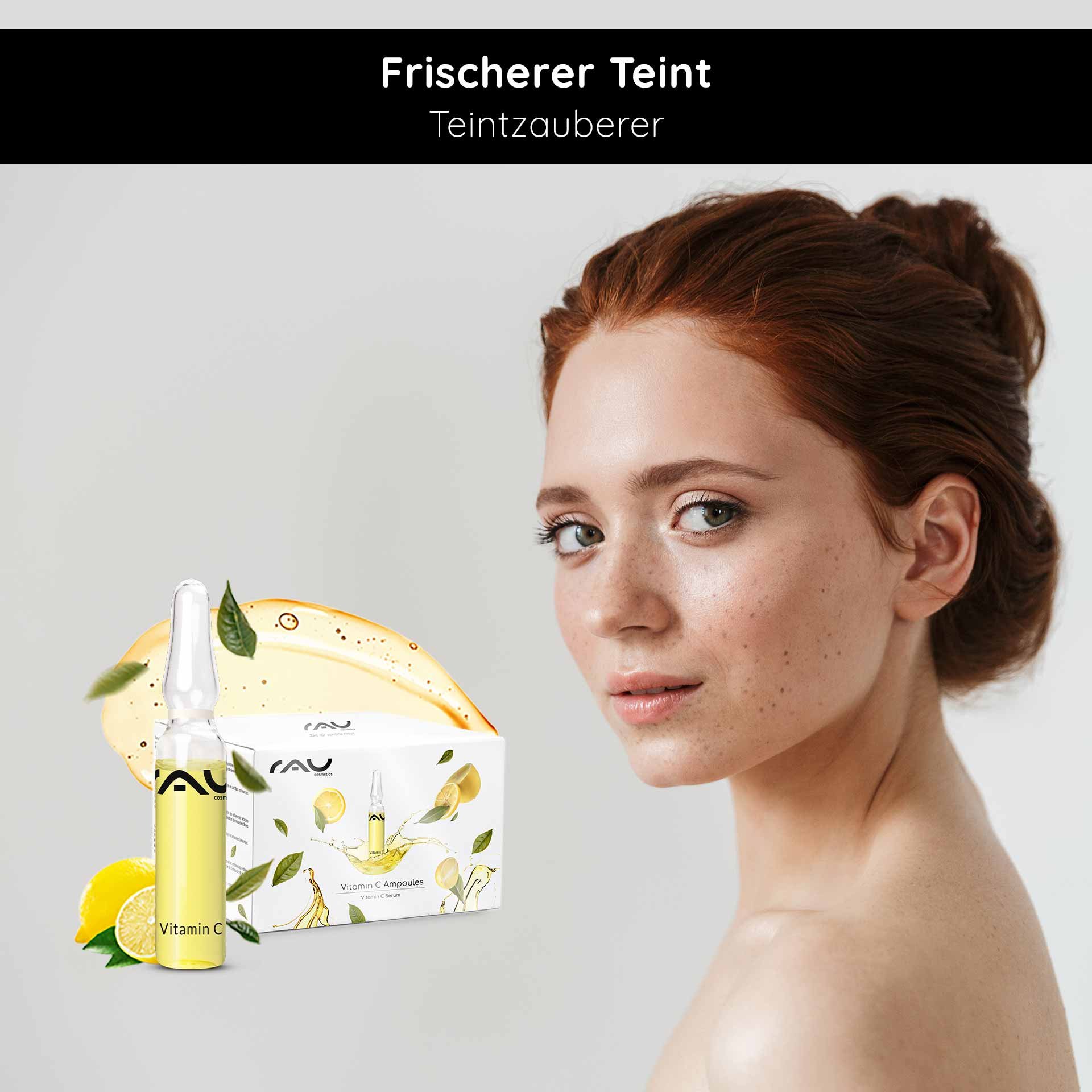 Vitamin C Ampulle von RAU Cosmetics mit frischem Teint, umgeben von Zitronen und Pflanzenmotiven, für die Verbesserung des Hautzustands und einen strahlenden Teint.