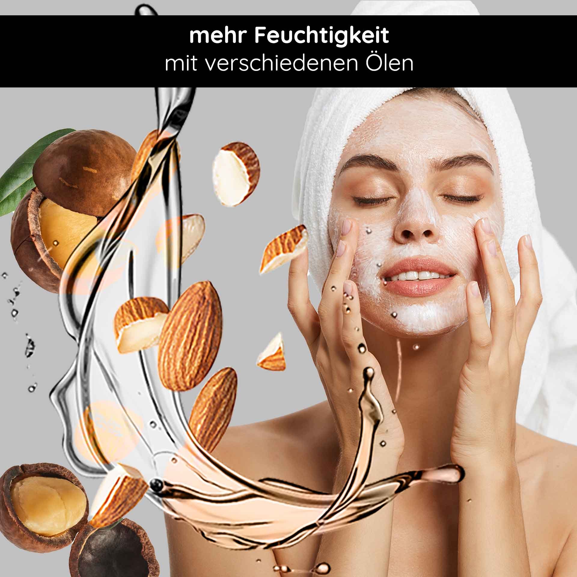 Frau mit feuchtigkeitsspendender Gesichtsmaske, umgeben von verschiedenen Ölen und Nüssen, betont die Hautpflegeeigenschaften der RAU Cosmetics Beta Glucan Recovery Mask.