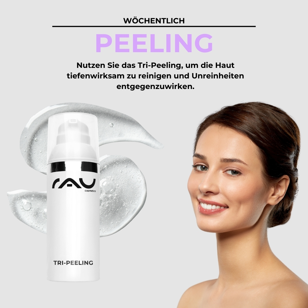 Profi Pflegeroutine für Mischhaut RAU Cosmetics Tri-Peeling-Produkt mit Geltextur, neben einer lächelnden Frau mit gesunder Haut, die die wöchentliche Hautpflegeroutine für Mischhauttypen betont.