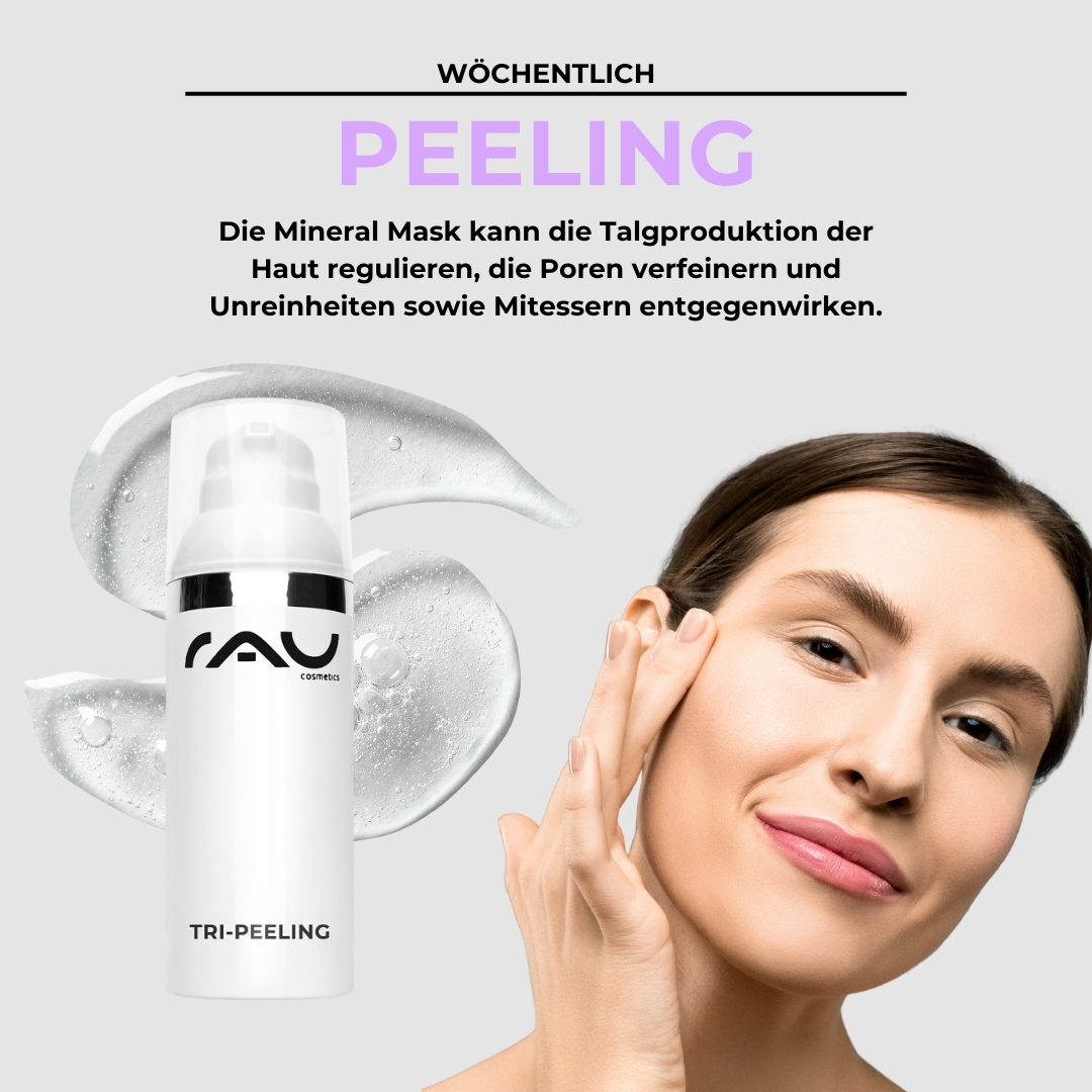 Profi Pflegeroutine für unreine trockene Haut Peeling Produkt von RAU Cosmetics, Frau mit glattem Teint und feuchtigkeitsspendender Textur, Anwendung zur Verbesserung unreiner trockener Haut.