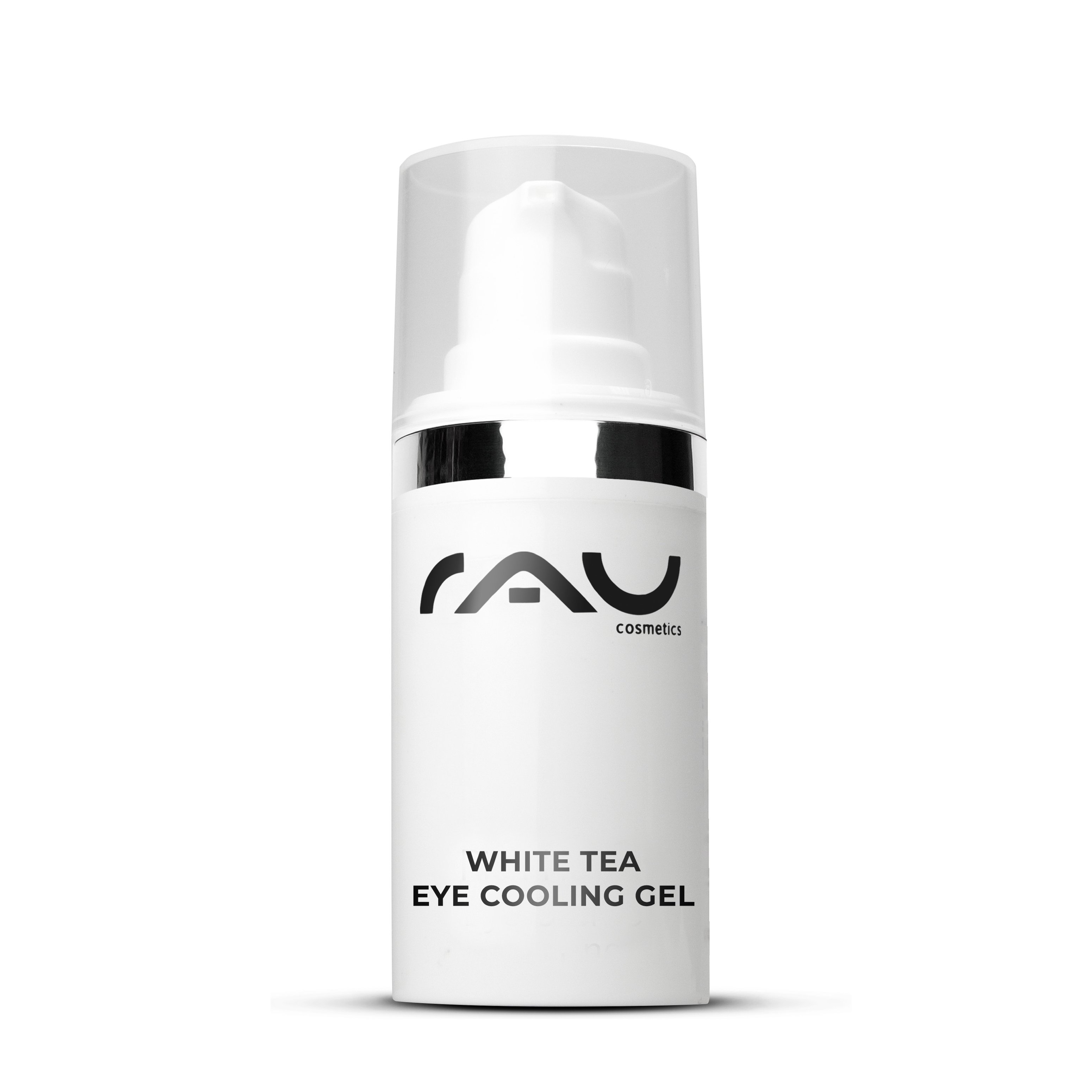 RAU Cosmetics White Tea Eye Cooling Gel 15 ml, anti-aging eye cream to reduce dark circles and puffiness, in an elegant white bottle with a pump dispenser.