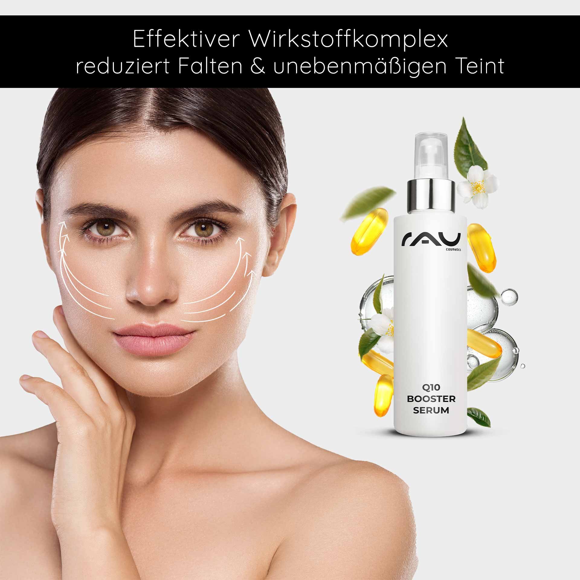 Effektives Q10 Booster Serum von RAU Cosmetics, präsentiert auf einem Gesicht mit feuchtigkeitsspendenden und anti-aging Eigenschaften, um Falten zu reduzieren und den Teint zu verbessern.