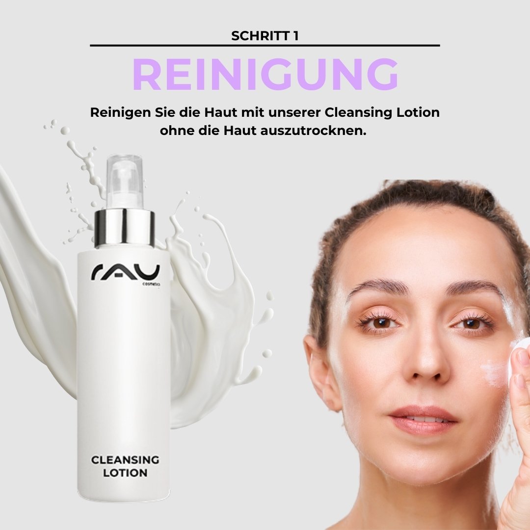 Bottle of RAU Cosmetics cleansing lotion with a woman applying it to her face, emphasizing the first step in the basic skincare routine for dry skin.