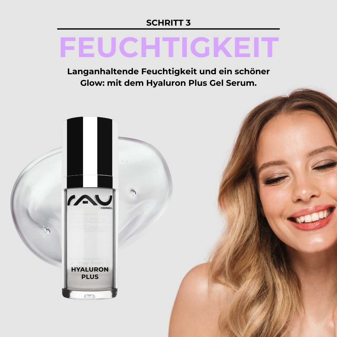 Advanced Pflegeroutine für normale Haut Hyaluron Plus Gel Serum von RAU Cosmetics, das die Feuchtigkeitsspeicherung und einen strahlenden Glanz betont, mit einer lächelnden Frau, die gesunde Haut zur Schau stellt.