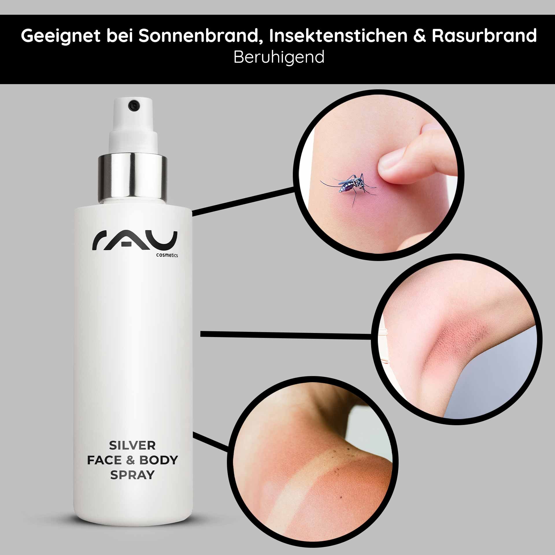 Silver Face and Body Spray areas of application for sunburn, insect bites, and razor burn.