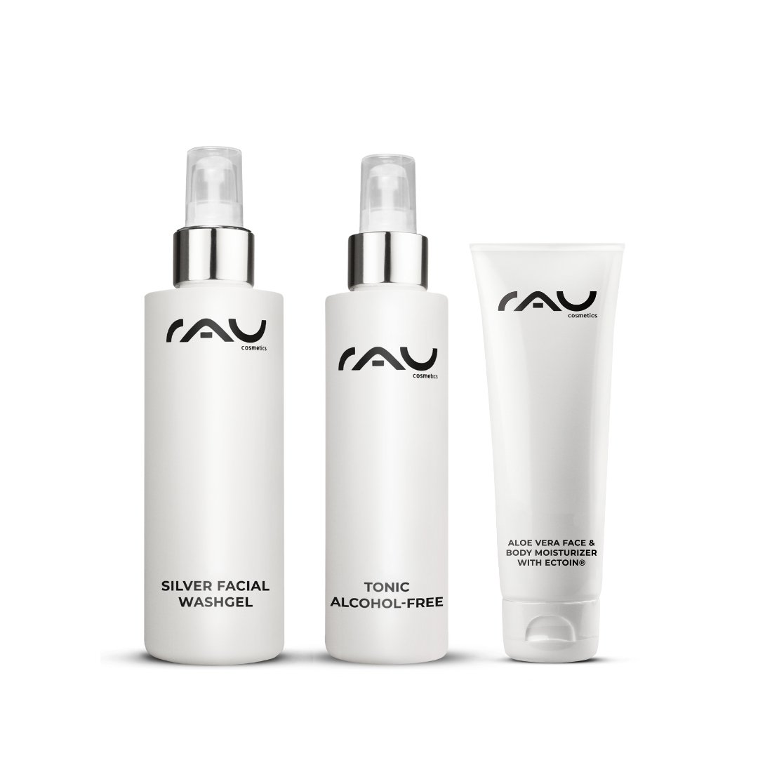 Basis Pflegeroutine für Mischhaut von RAU Cosmetics, bestehend aus Silber Gesichtswaschgel, alkoholfreiem Tonic und Aloe Vera Feuchtigkeitsgel.