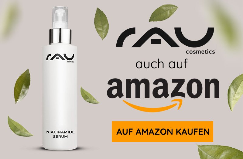 RaU Cosmetics Niacinamide Serum in minimalistischer Sprühflasche mit grünen Akzenten und Verfügbarkeit bei Amazon.