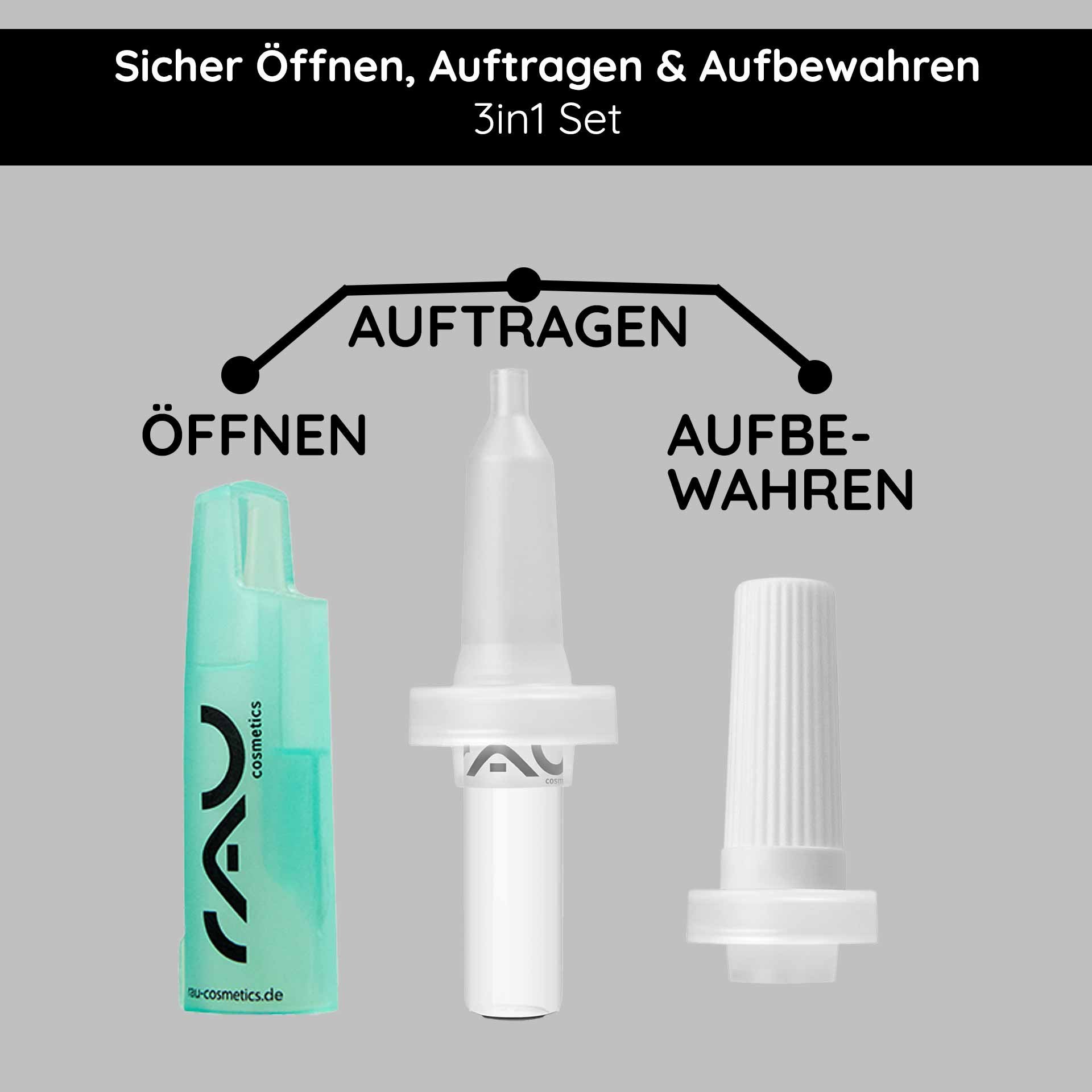 Ampullenöffner und Ampullenapplikator Set von RAU Cosmetics, 3-in-1 Set zur sicheren Öffnung, präzisen Anwendung und hygienischen Aufbewahrung von Gesichtsampullen.