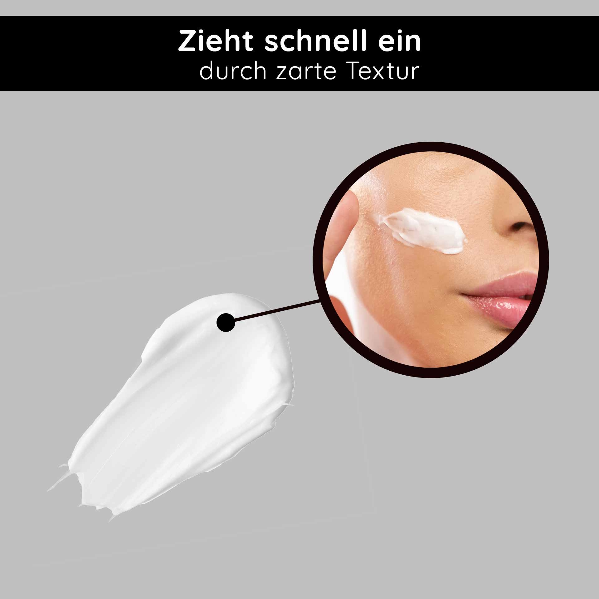 Gesichtspflegecreme mit zarter Textur, die schnell einzieht, abgebildet auf grauem Hintergrund, mit Nahaufnahme auf Haut, die Creme aufträgt.