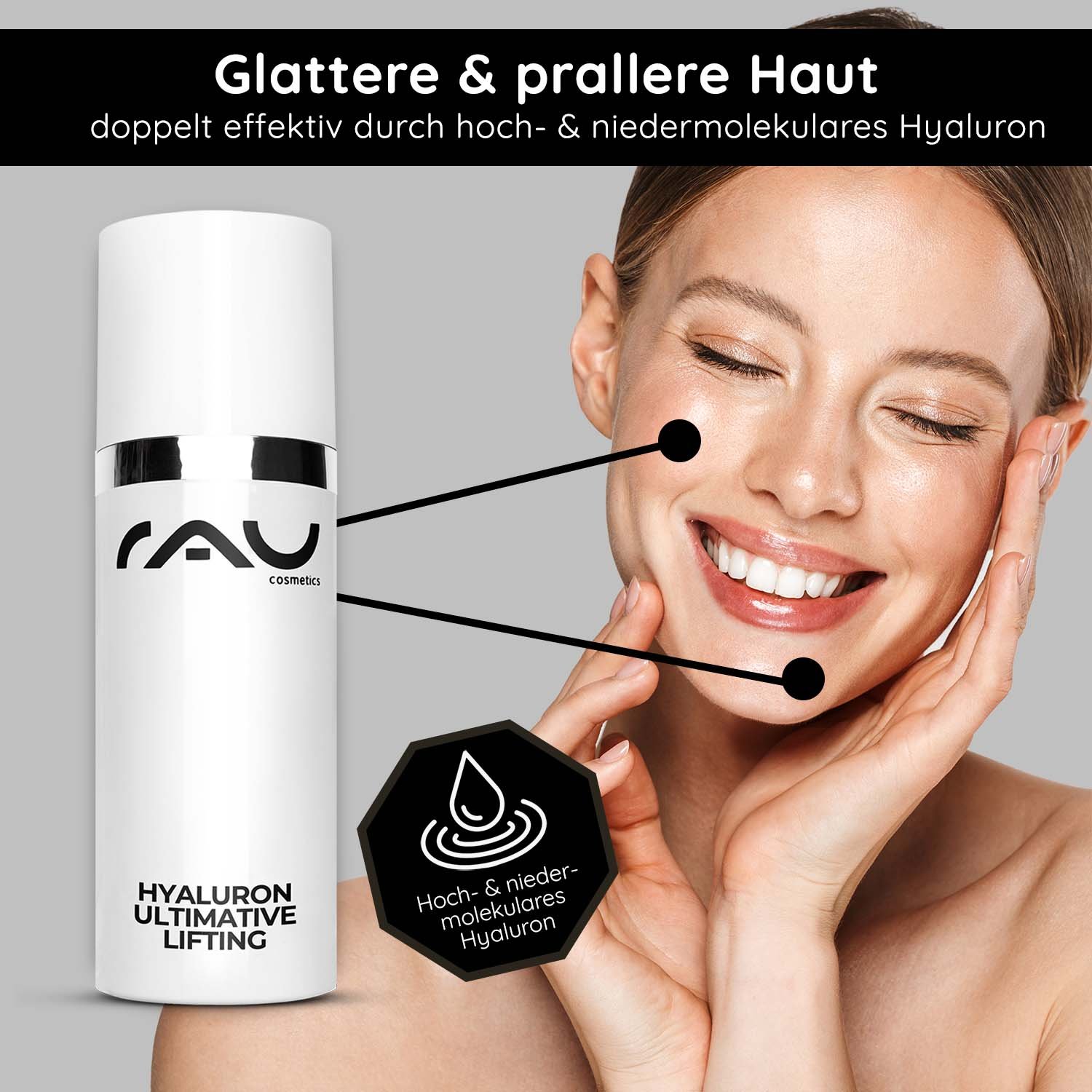 Hyaluron Ultimative Lifting Gel von RAU Cosmetics, das ein Model mit glatter, praller Haut zeigt und die Vorteile hoch- und niedermolekularer Hyaluronsäure für Anti-Aging und Feuchtigkeitsversorgung hervorhebt.