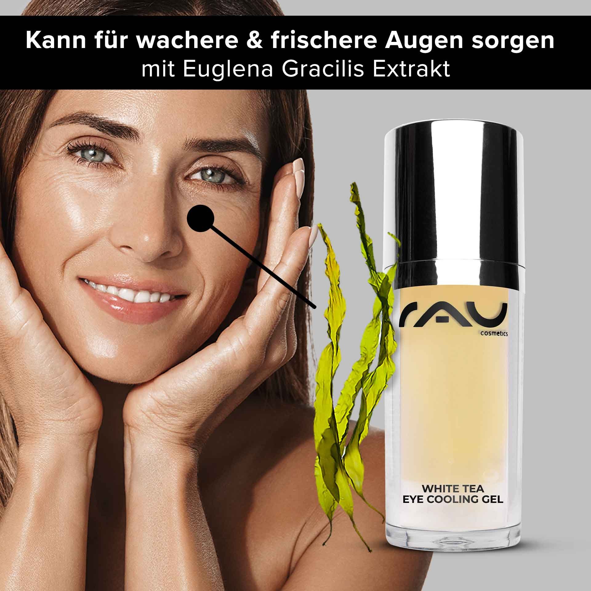 Woman with a fresh complexion and hands on her face, presenting RAU Cosmetics White Tea Eye Cooling Gel, surrounded by Euglena gracilis extract, emphasizing anti-aging and eye care.