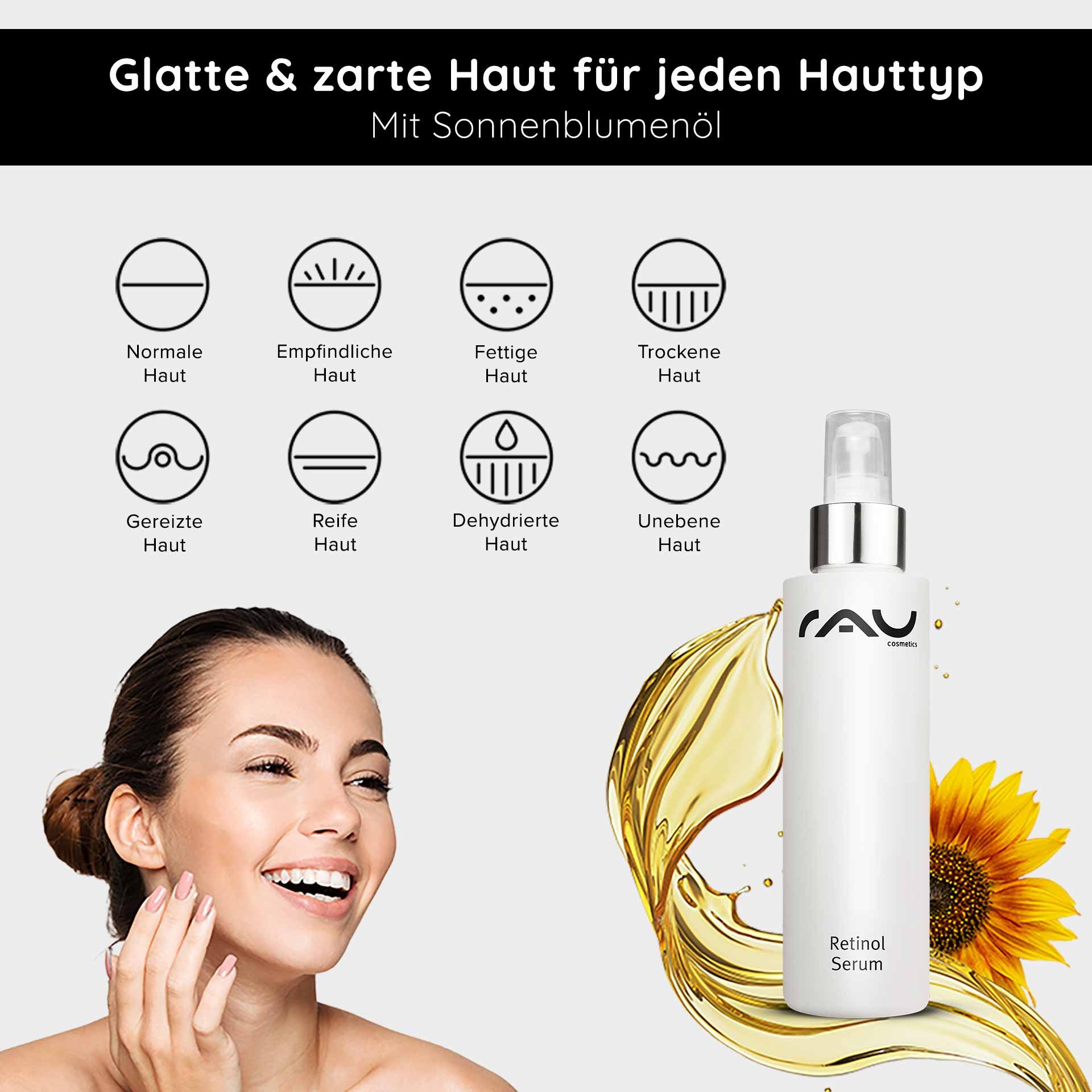 Expert anti-âge : Une femme au teint lisse présente le Retinol Serum à la précieuse huile de tournesol.