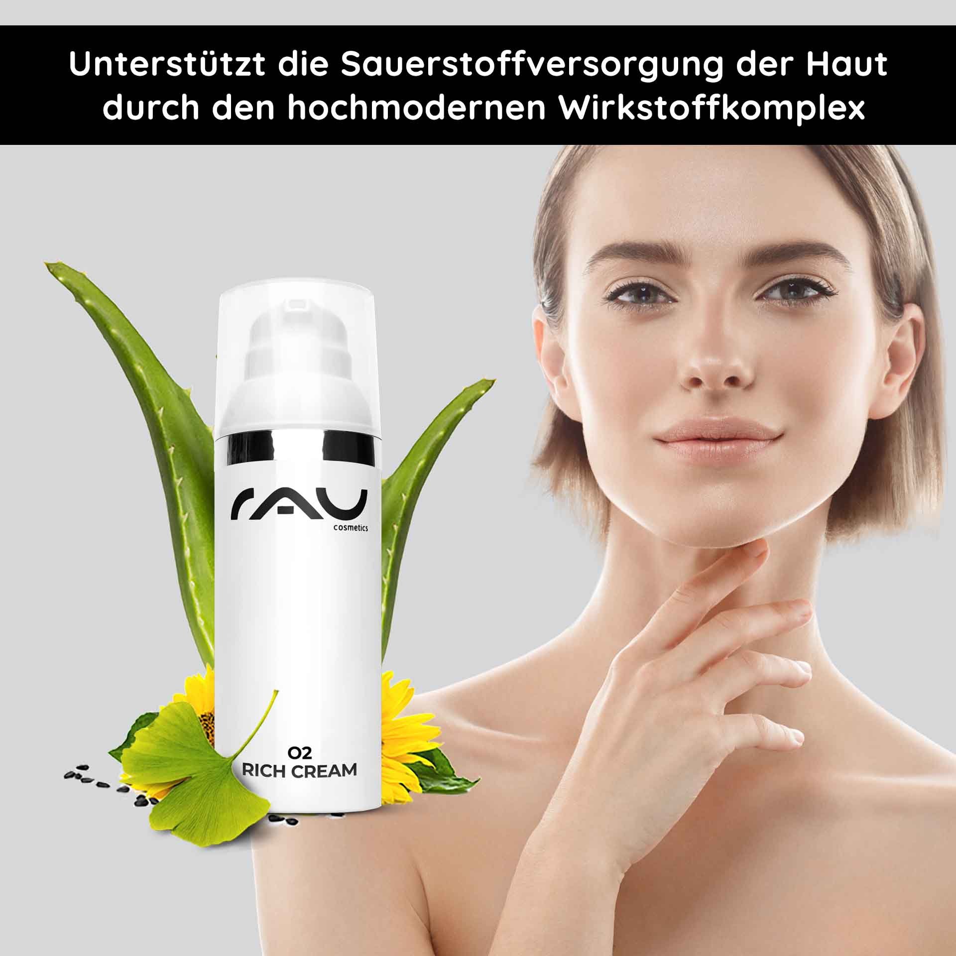 Fingerspitze trägt weiße Creme auf Handrücken auf, im Hintergrund O2 Rich Cream Tiegel
