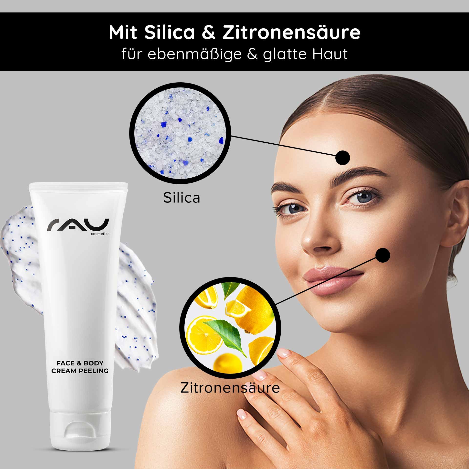 RAU Cosmetics Face & Body Cream Peeling-Tube mit Kieselsäure und Zitronensäure, die die Vorteile für glatte Haut zeigt, zusammen mit einem Modell, das die Anwendung des Produkts im Gesicht hervorhebt.