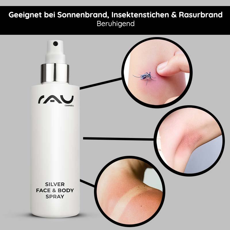 Silberne Gesichts- & Körperspray-Flasche von RAU Cosmetics zur Linderung von Rasurbissen und Hautirritationen.