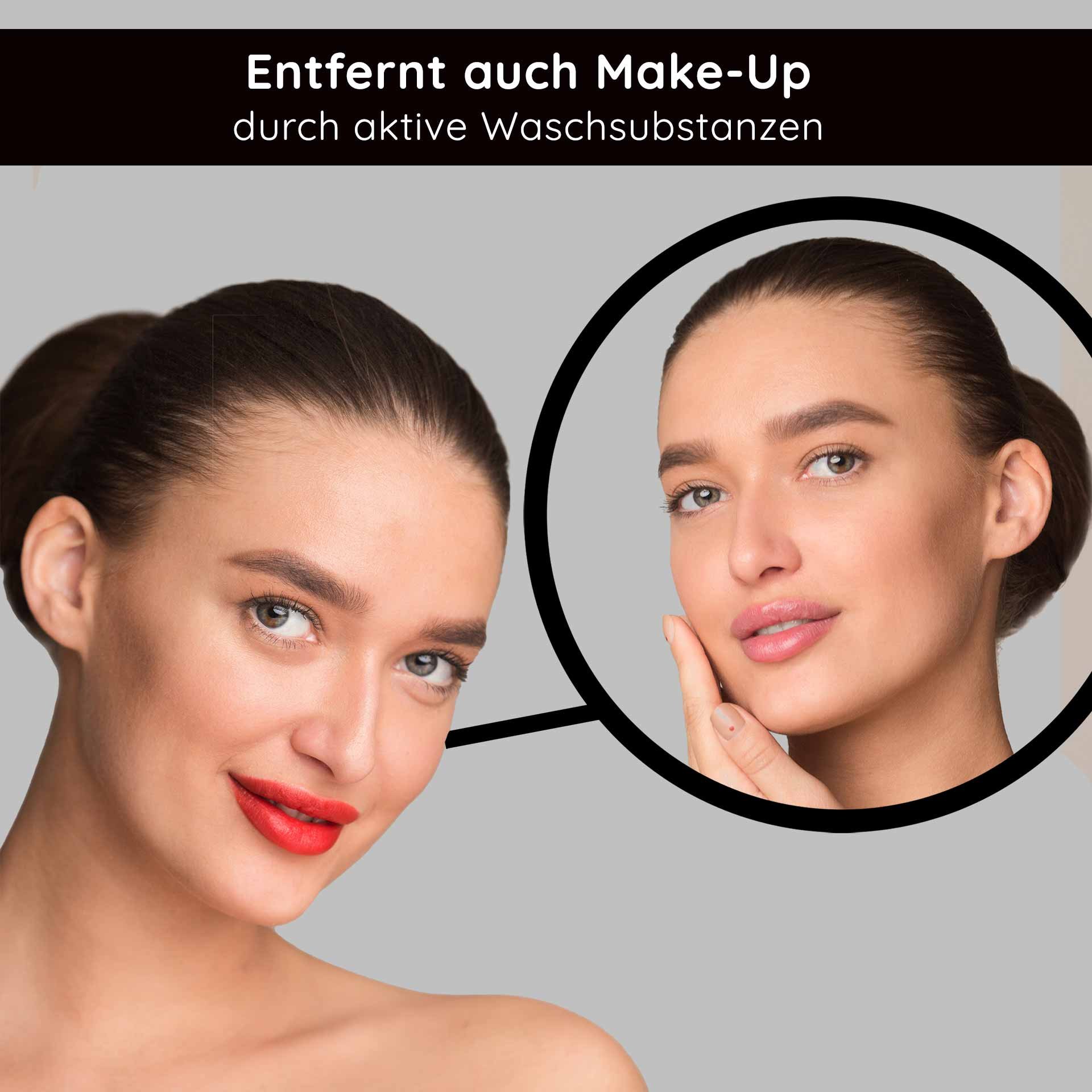 Frau mit rotem Lippenstift und strahlender Haut, zeigt sanfte Gesichtsreinigung und Makeup-Entfernung durch aktive Waschsubstanzen, passend zur RAU Cosmetics Reinigungslotion.