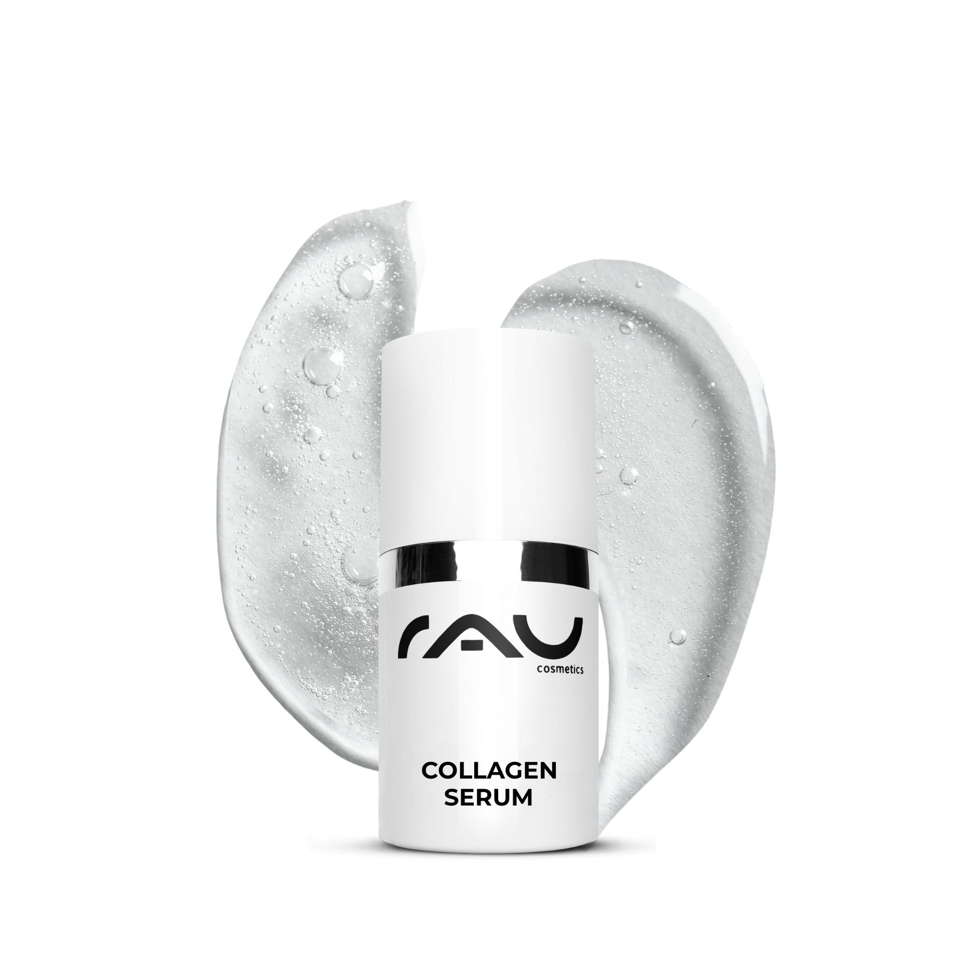 Flakon des Collagen Serum 15 ml vor transparenten Gel-Elementen.