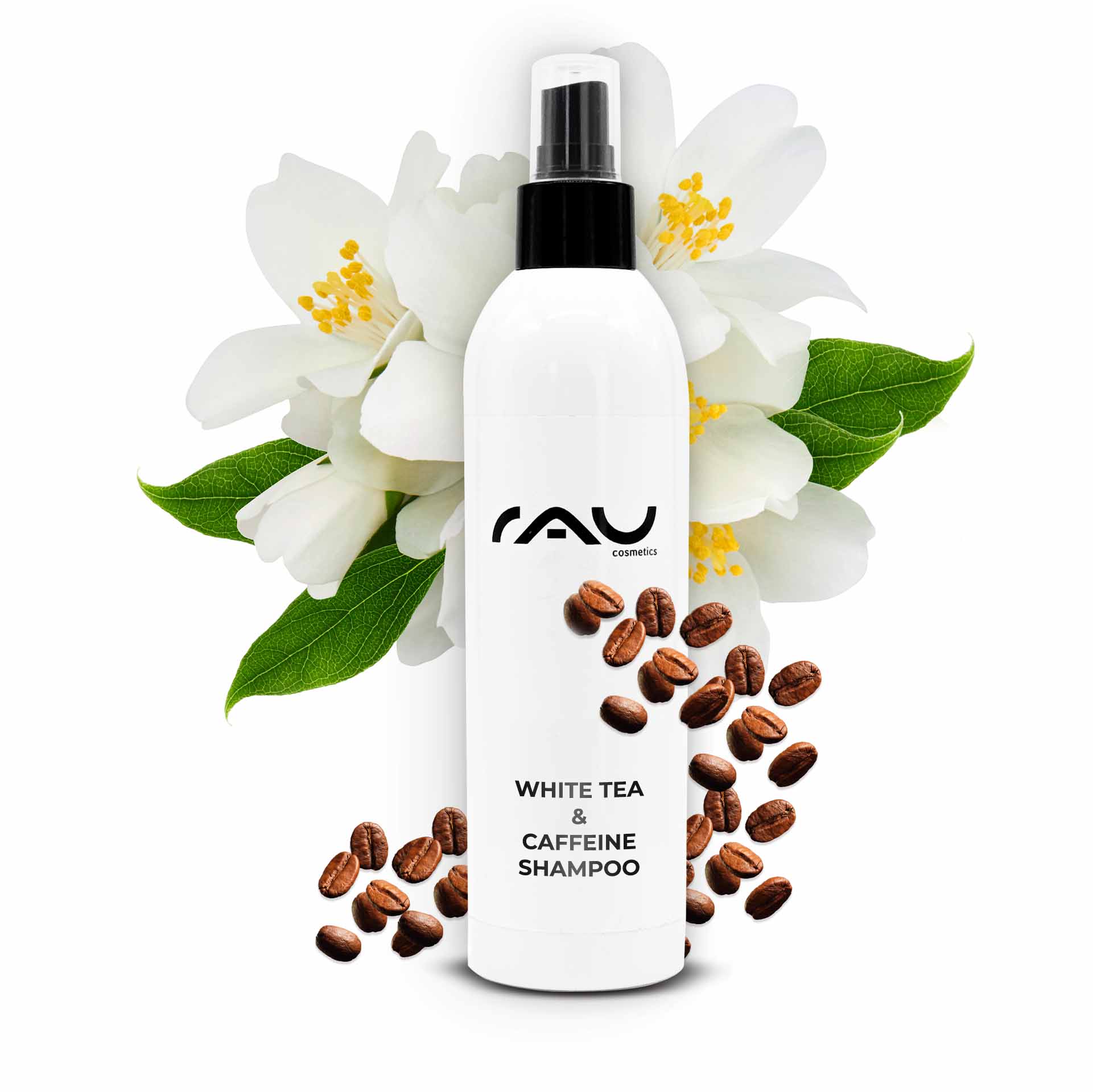 White Tea & Caffeine Hair Shampoo 250 ml Flasche mit RAU Cosmetics White Tea & Caffeine Shampoo, umgeben von weißen Blüten und Kaffeebohnen, symbolisiert belebende Haarpflege und intensive Feuchtigkeit.