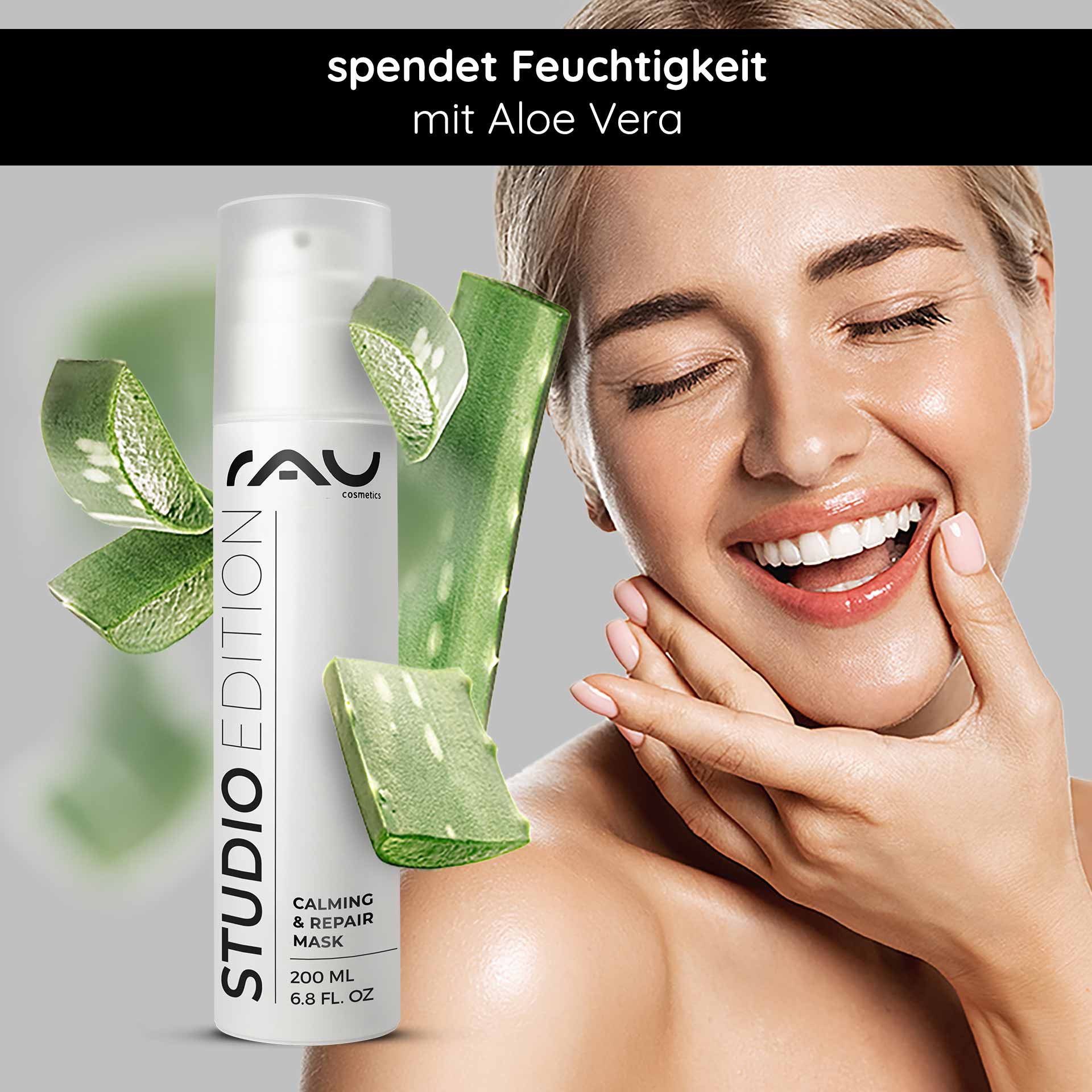 Calming & Repair Mask 200 ml Beruhigende Maske RAU Cosmetics Calming & Repair Mask 200 ml with Aloe Vera, moisturizing skincare product for dry skin, model smiling and applying mask, vibrant green aloe leaves.