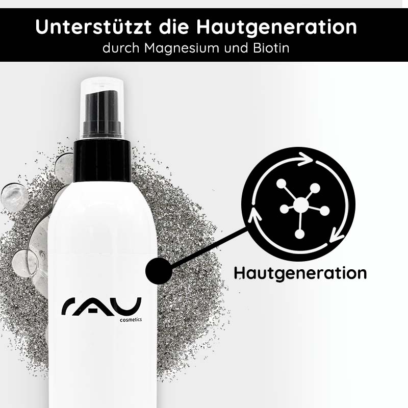 Weißer Sprayflakon von RAU Cosmetics mit mineralischem Hintergrund und Text über Hautgeneration durch Magnesium und Biotin.